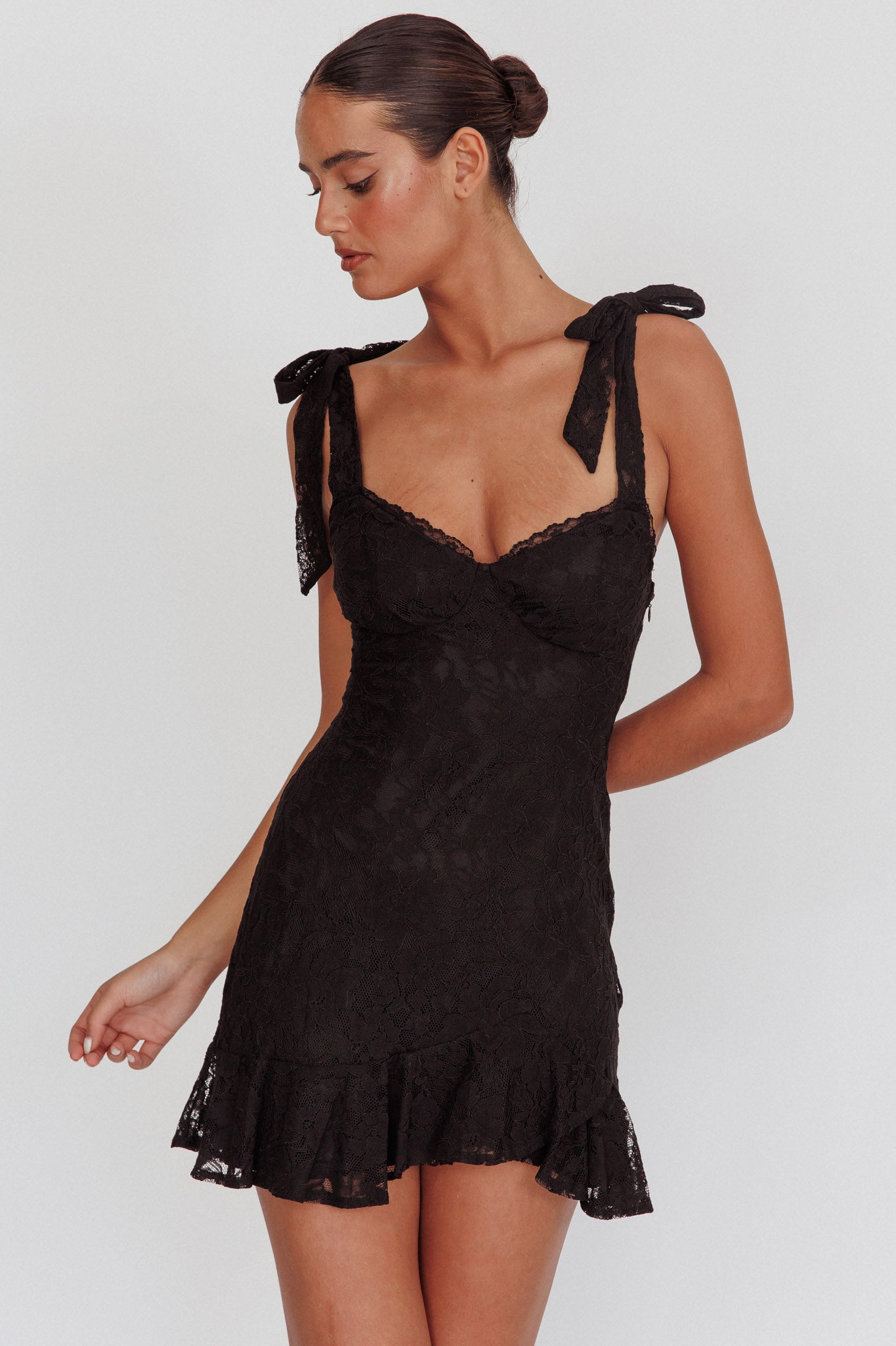 Emine Bow Shoulder Lace Mini Dress Black-Maymioy