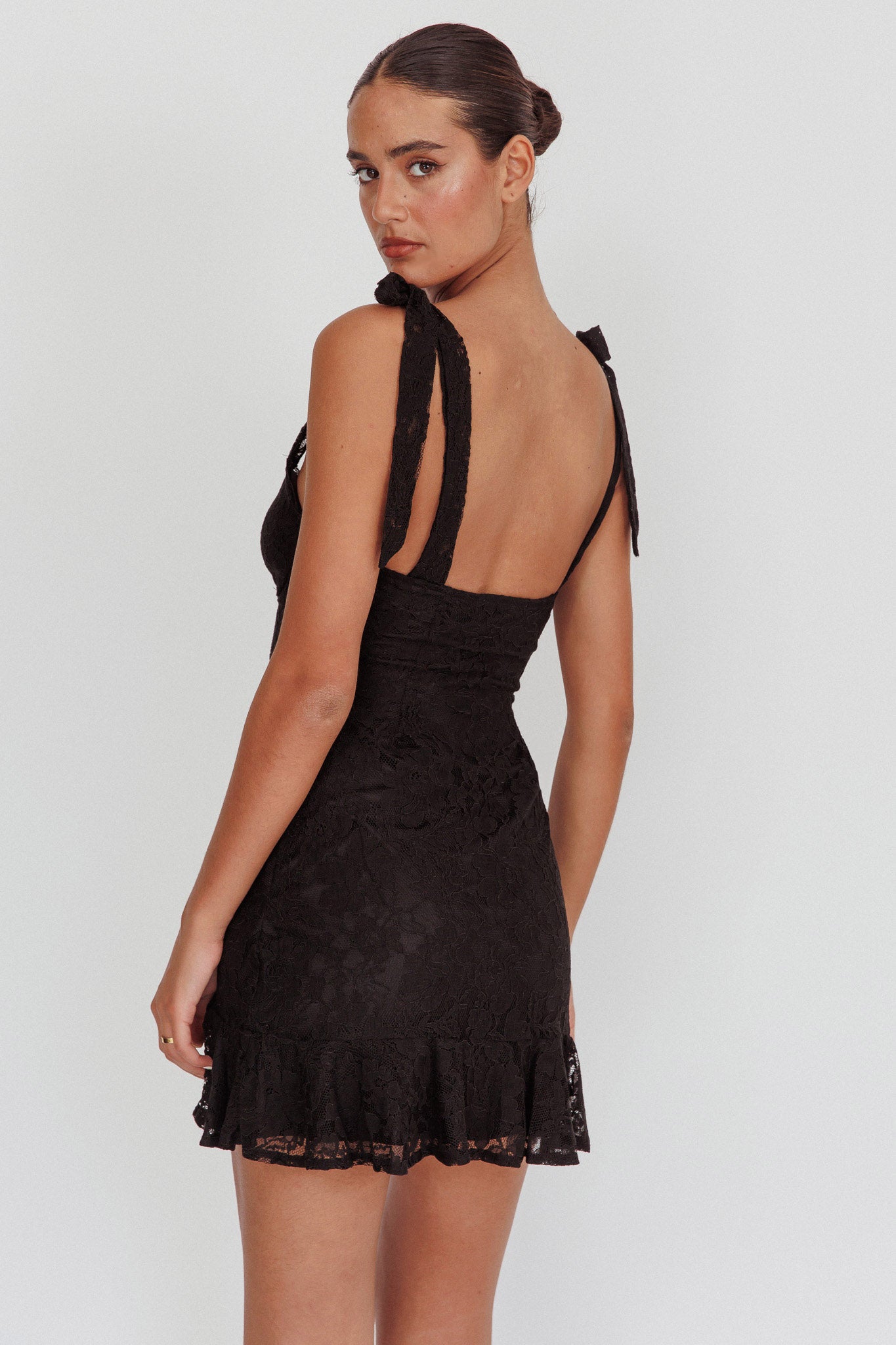 Emine Bow Shoulder Lace Mini Dress Black-Maymioy