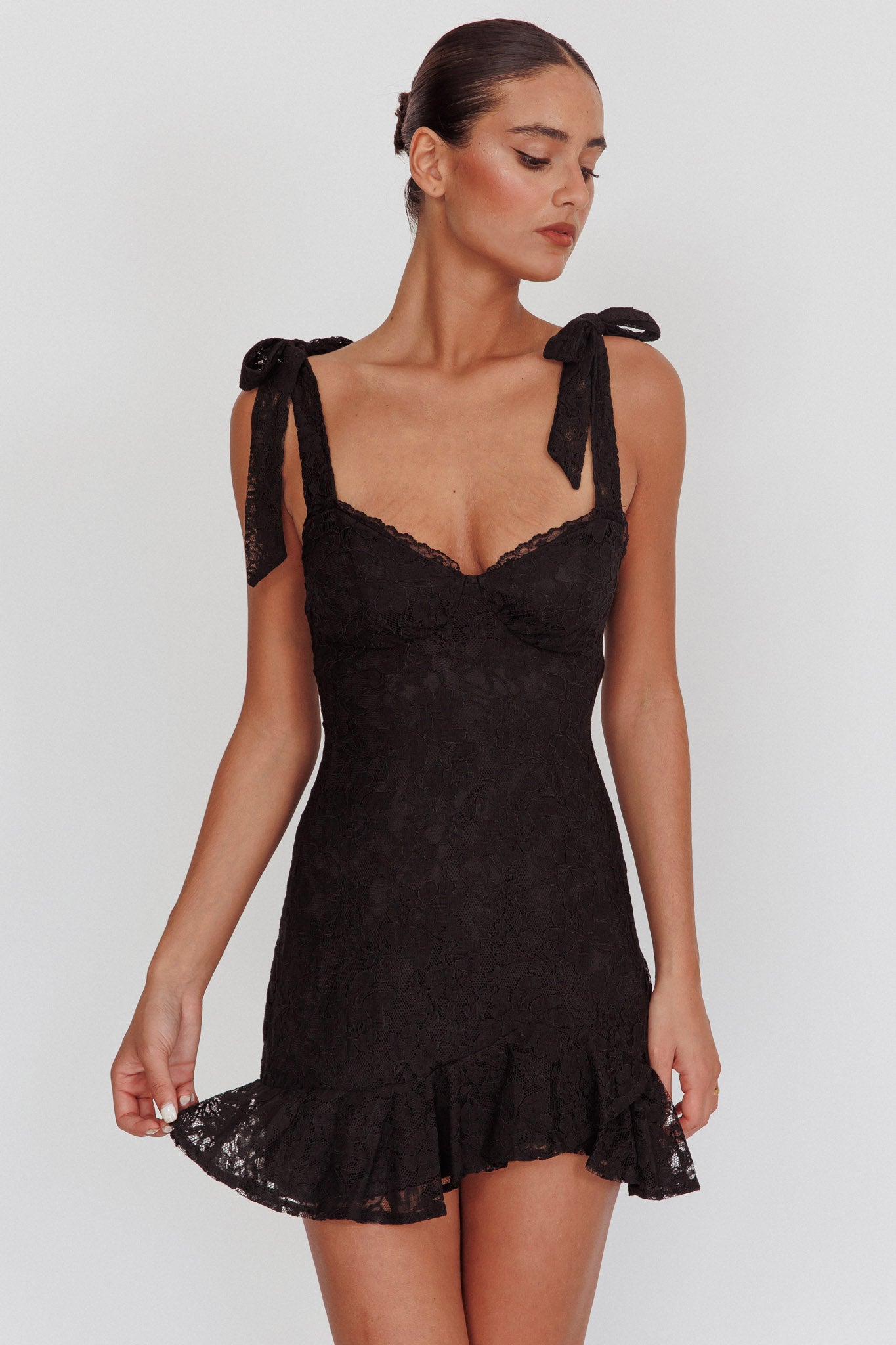 Emine Bow Shoulder Lace Mini Dress Black-Maymioy