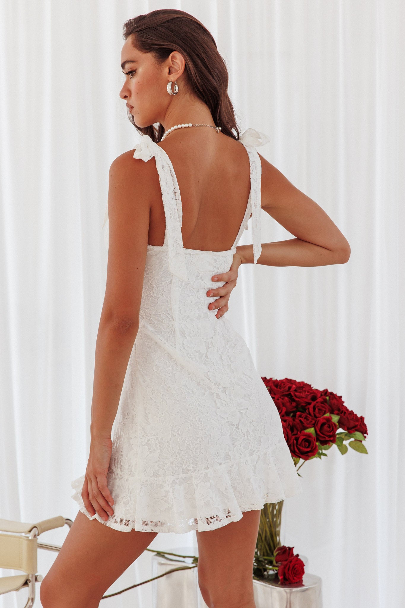 Emine Bow Shoulder Lace Mini Dress White-Maymioy