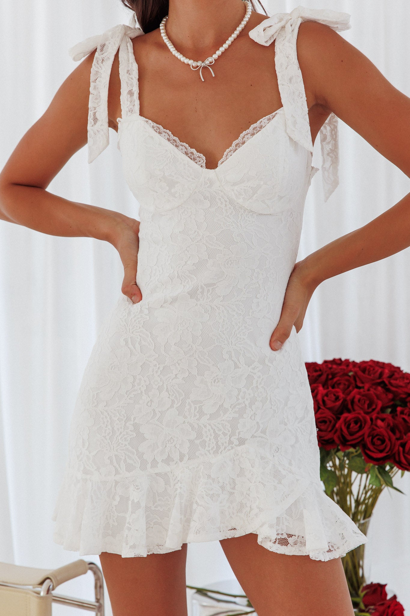 Emine Bow Shoulder Lace Mini Dress White-Maymioy