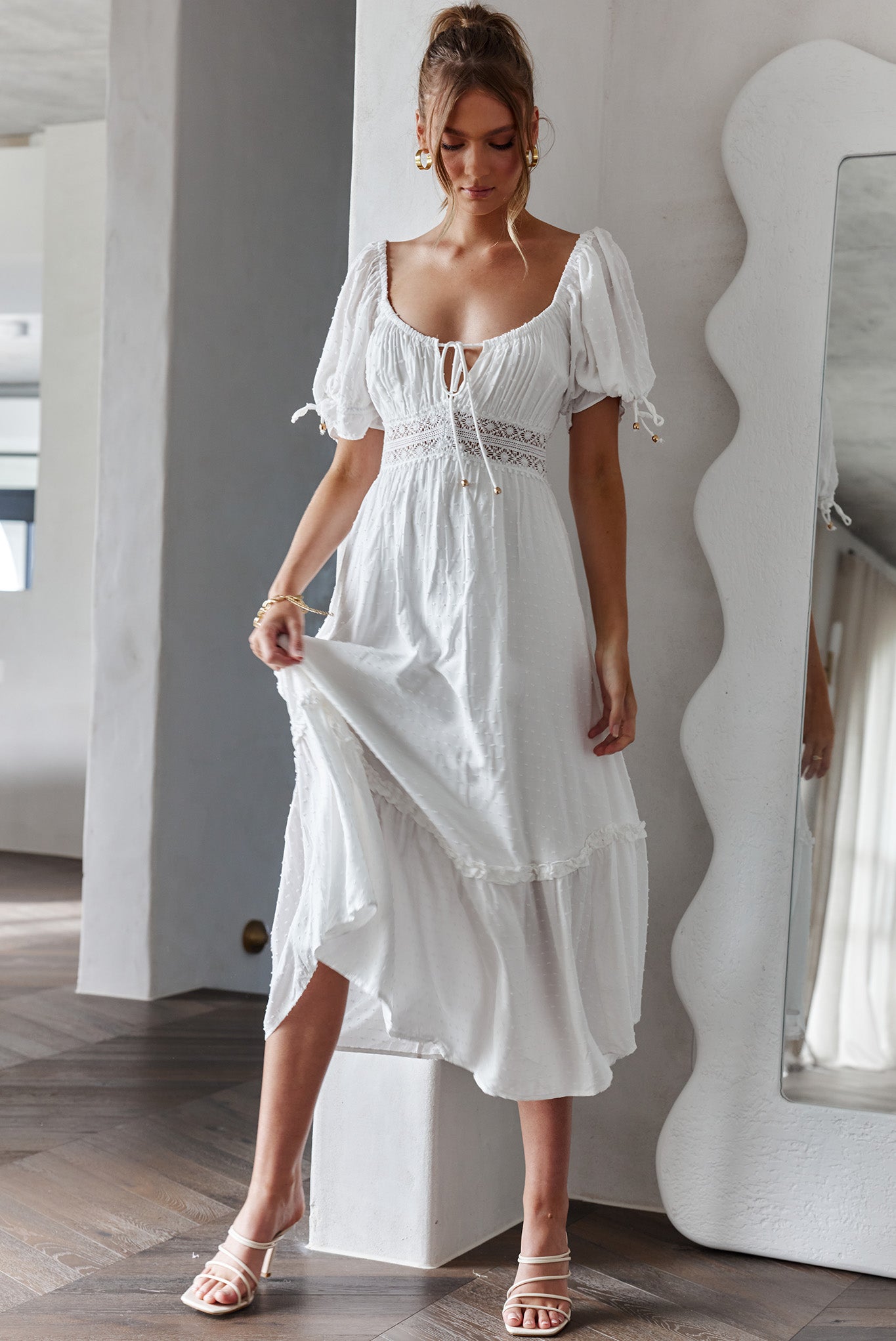 Topanga Canyon String Tie Boho Midi Dress White-Maymioy