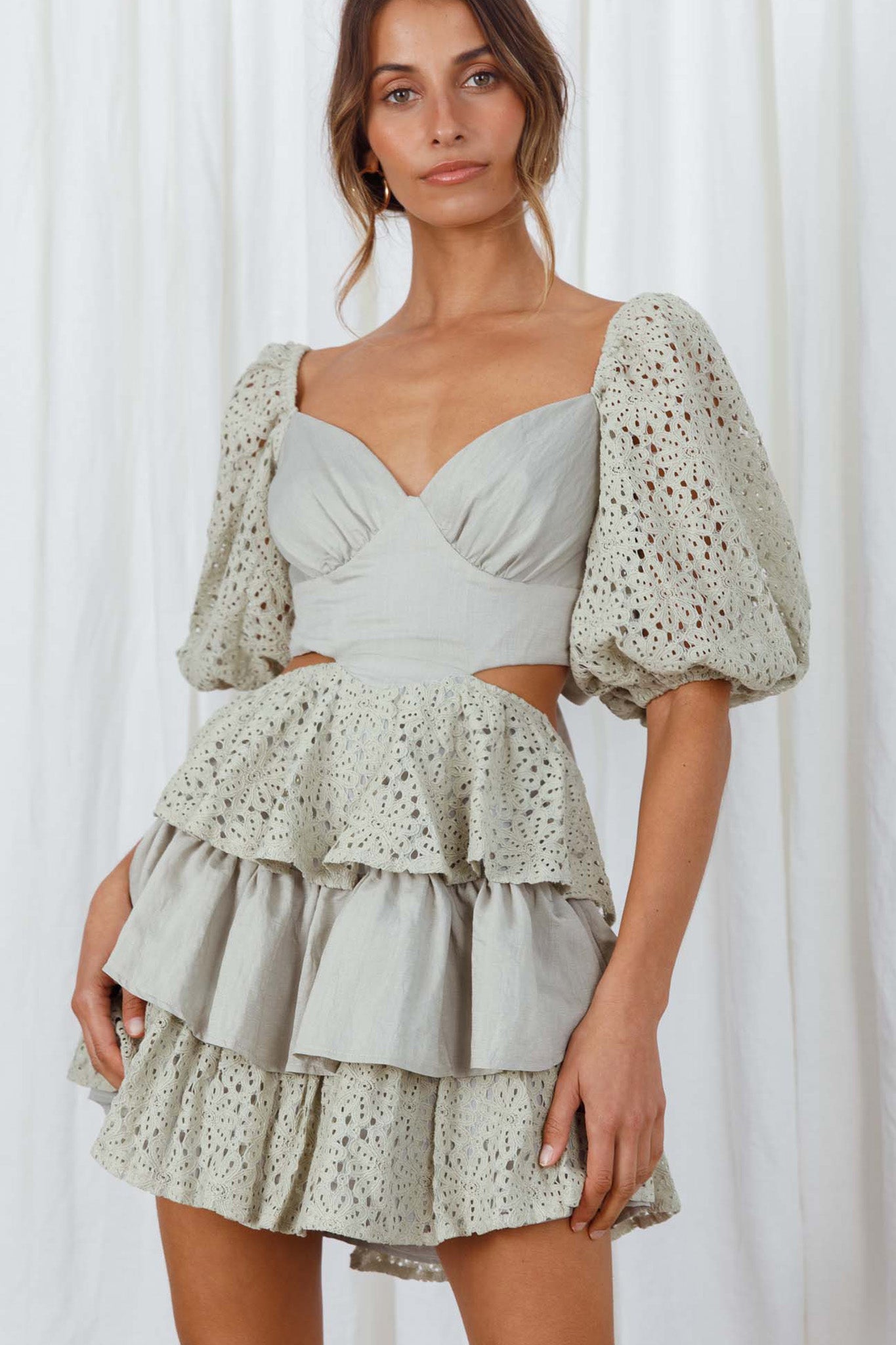 Emery Floral Lace Accent Layered Ruffle Tie Back Dress Avocado-Maymioy