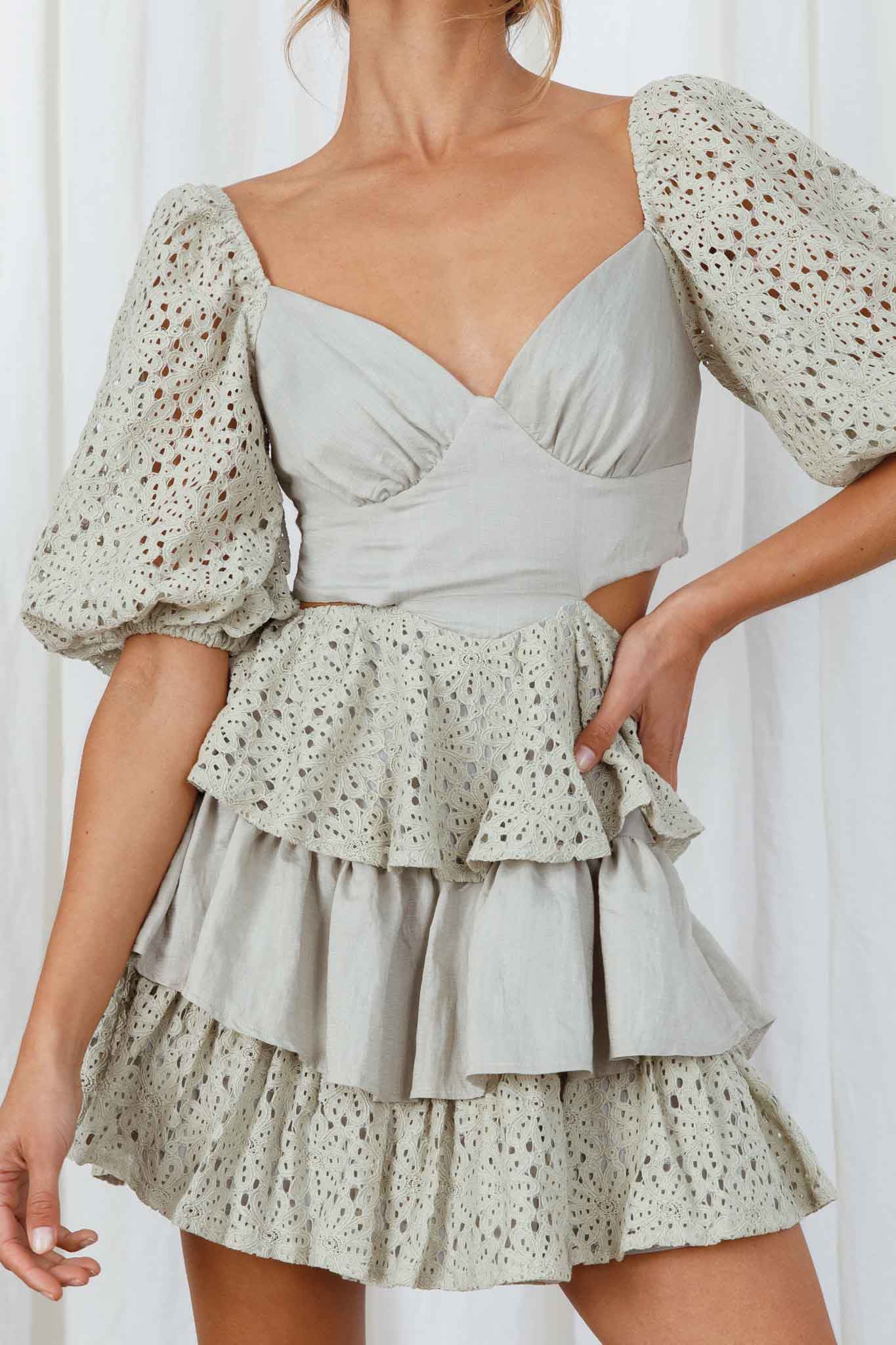 Emery Floral Lace Accent Layered Ruffle Tie Back Dress Avocado-Maymioy