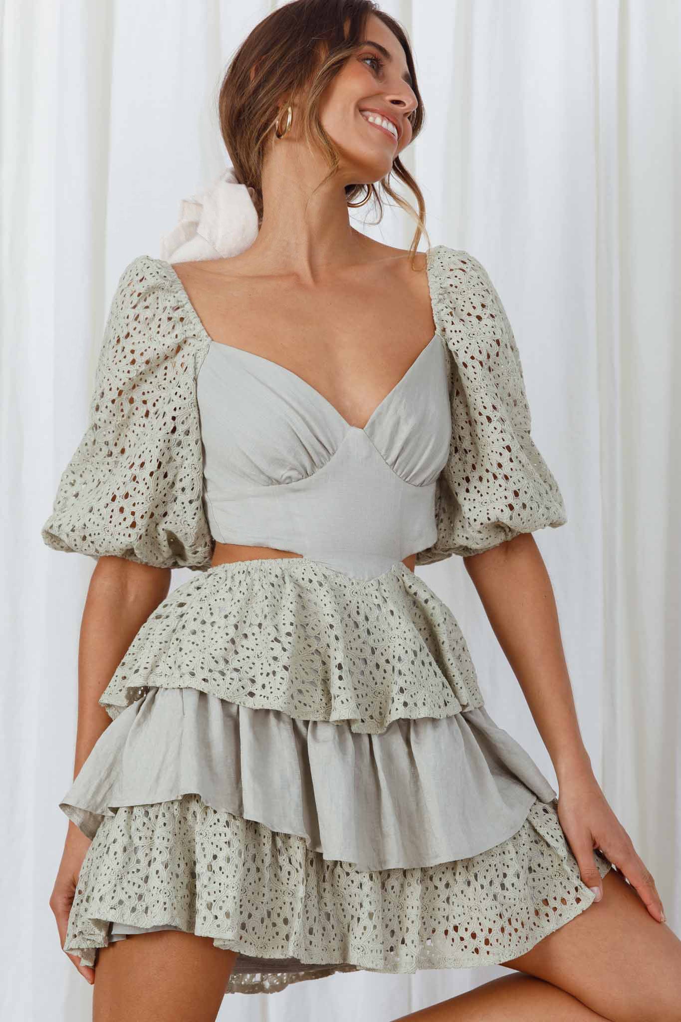 Emery Floral Lace Accent Layered Ruffle Tie Back Dress Avocado-Maymioy