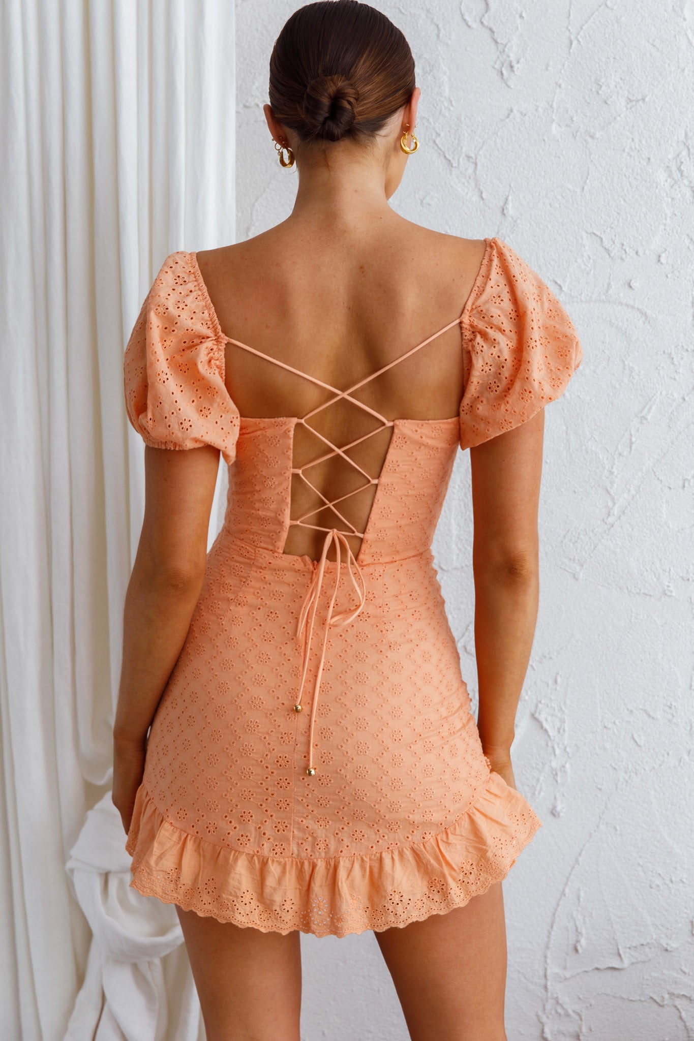 Bliss Moment Lace-Up Back Mini Dress Apricot-Maymioy