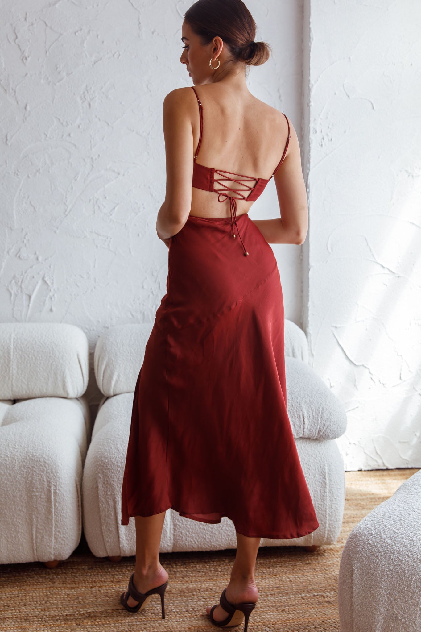 Fondest Memories Ruched Drawstring Bust Lace-Up Back Midi Dress Brown-Maymioy
