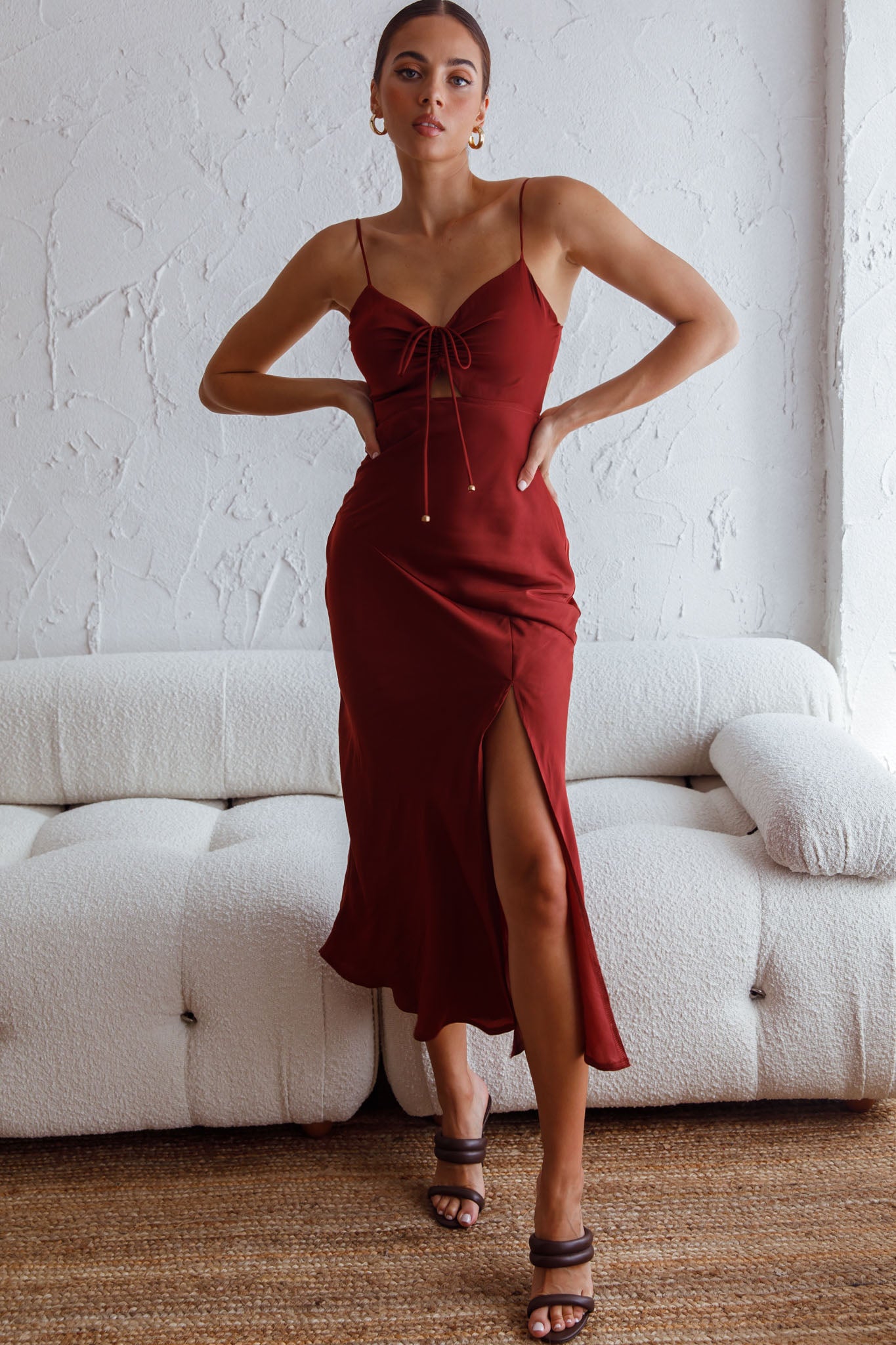 Fondest Memories Ruched Drawstring Bust Lace-Up Back Midi Dress Brown-Maymioy
