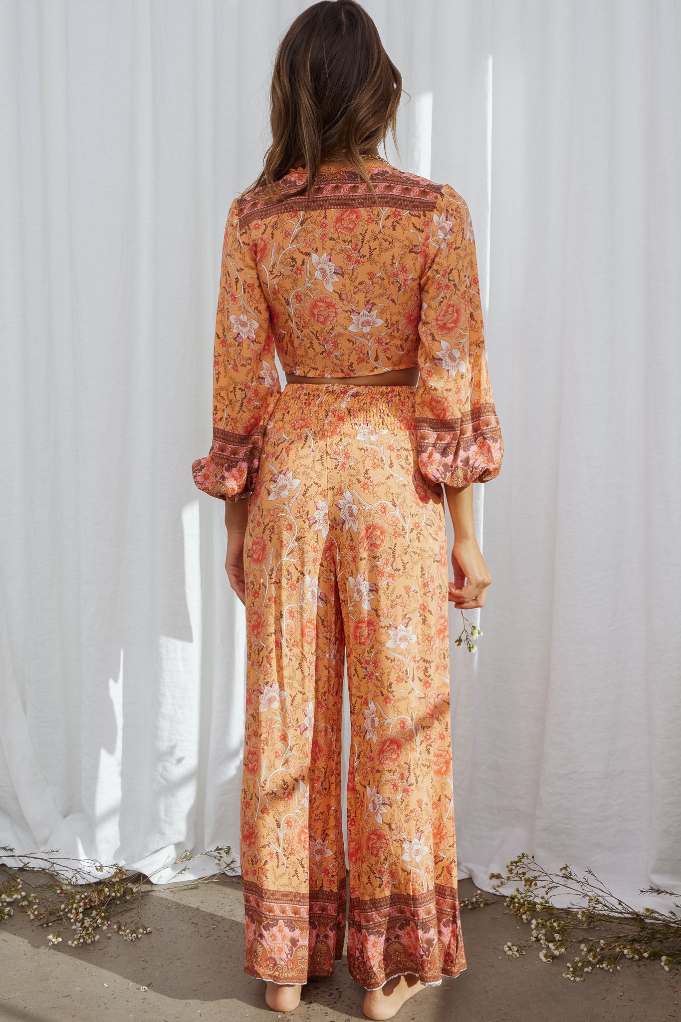 Novo Shirred Waist Long Pants Bohemian Print Orange-Maymioy