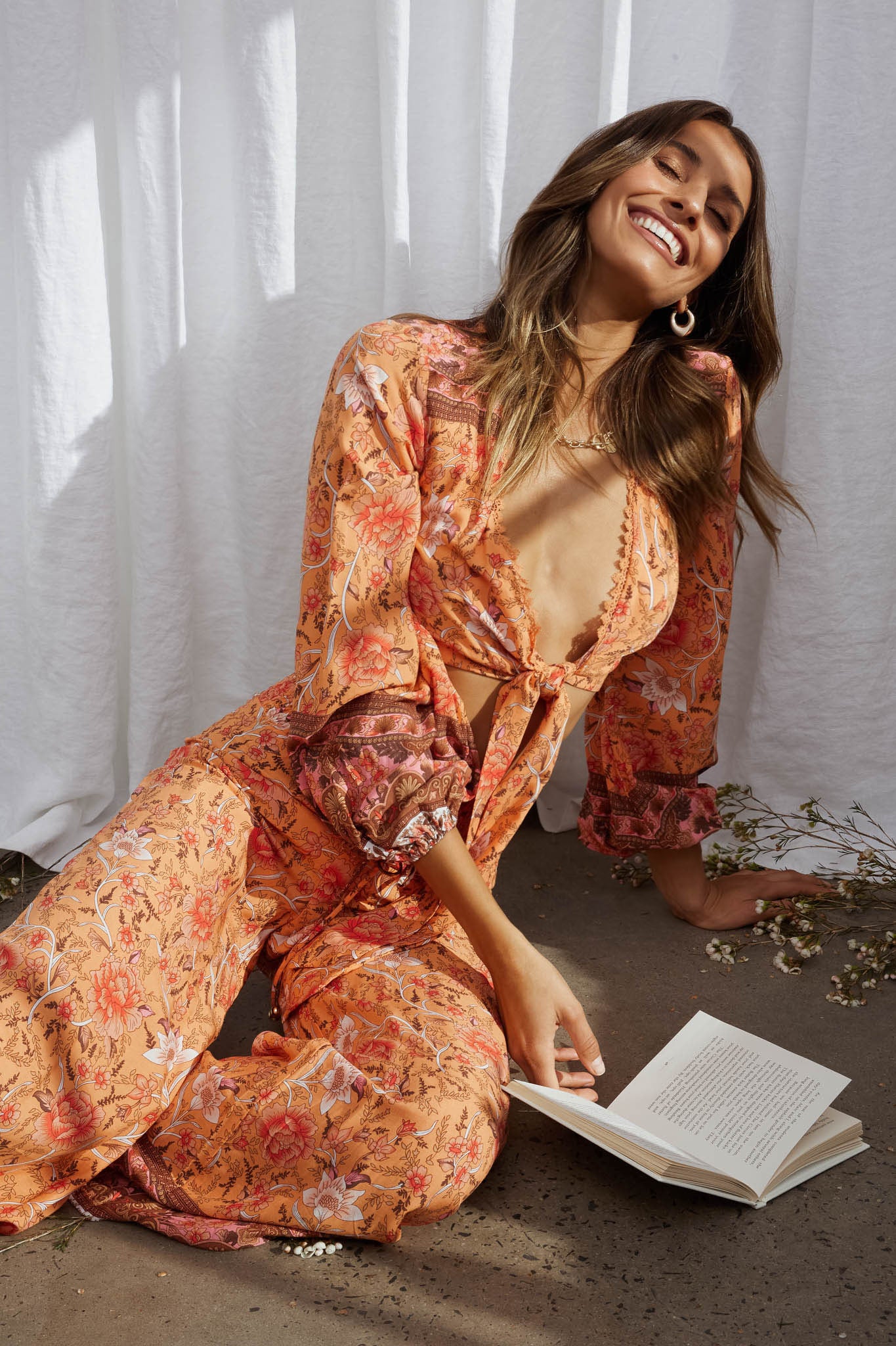 Novo Shirred Waist Long Pants Bohemian Print Orange-Maymioy
