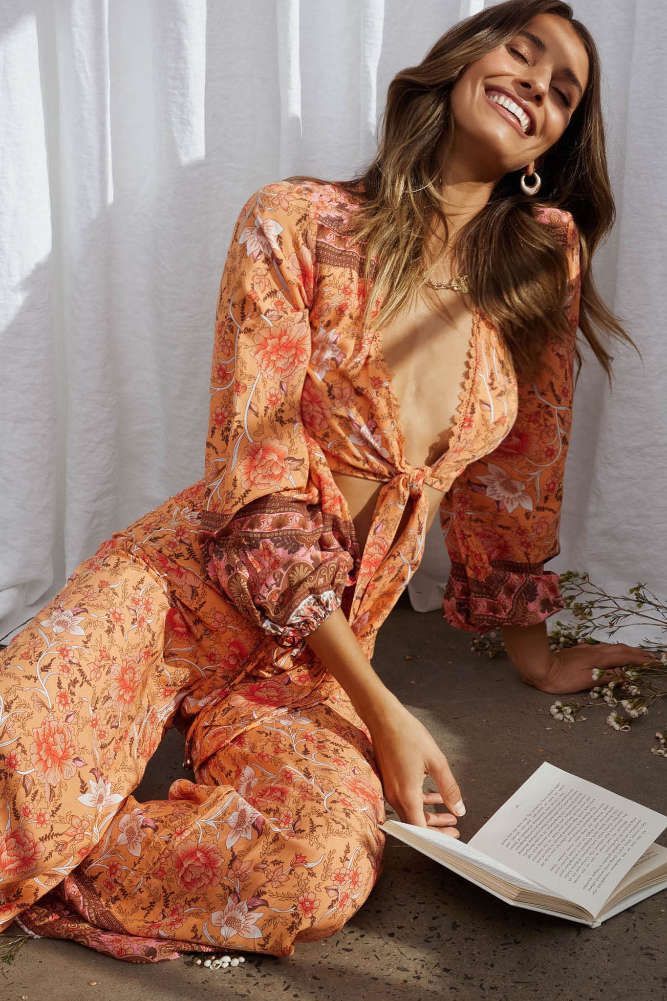 Novo Long Sleeve Tied Front Crop Top Bohemian Print Orange-Maymioy