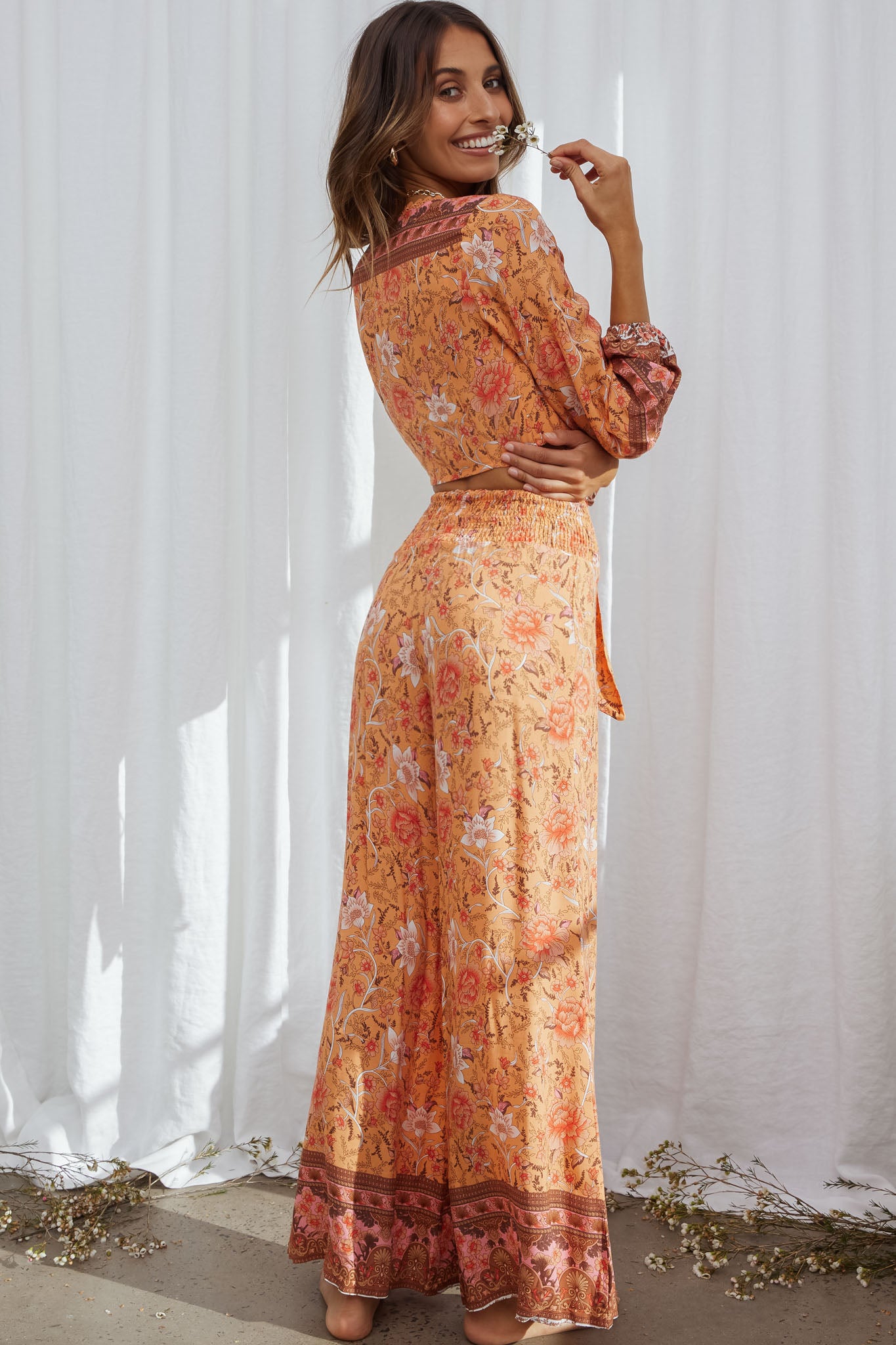 Novo Shirred Waist Long Pants Bohemian Print Orange-Maymioy
