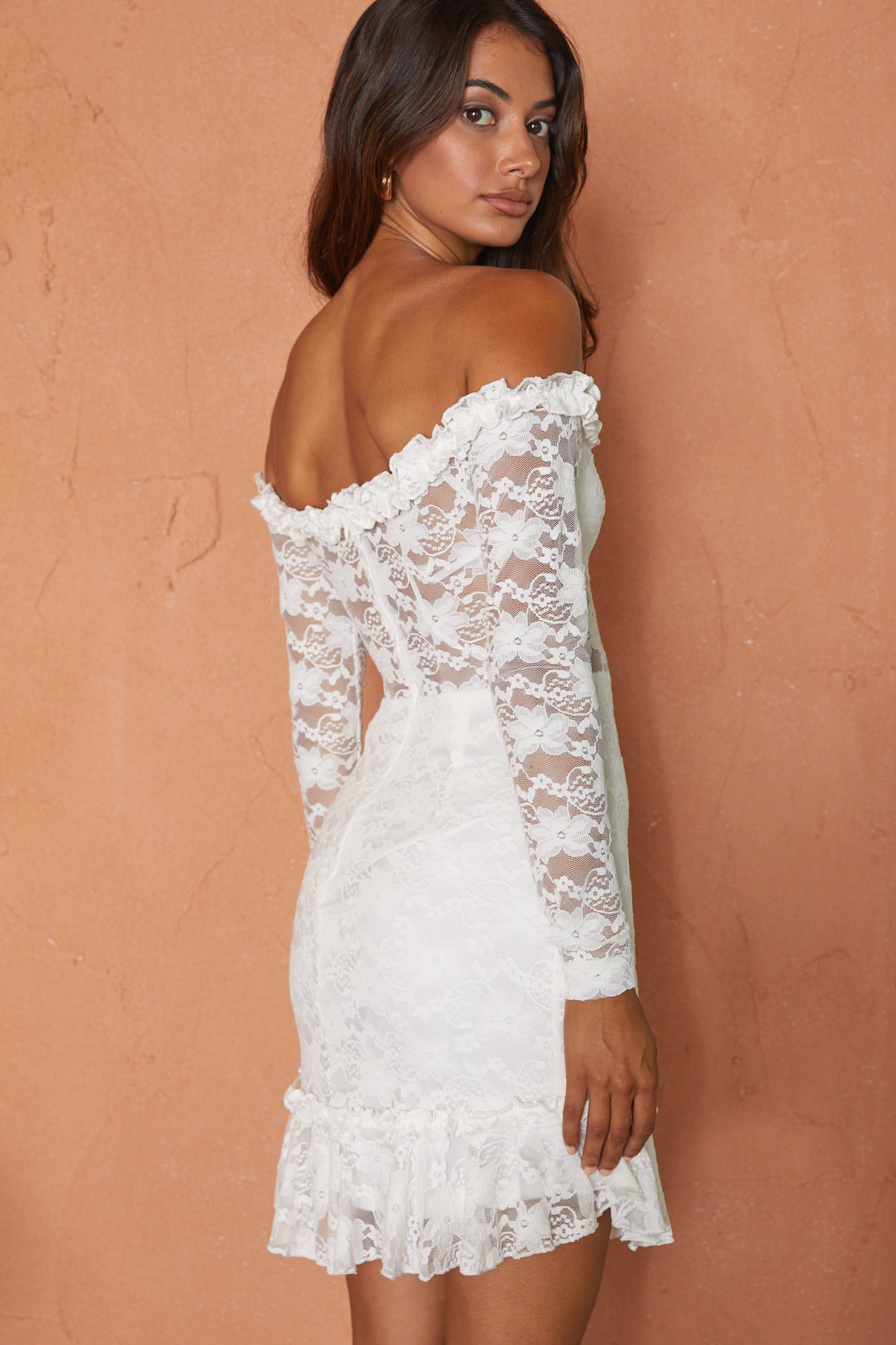 Dove Off-Shoulder Frill Trim Lace Mini Dress White-Maymioy