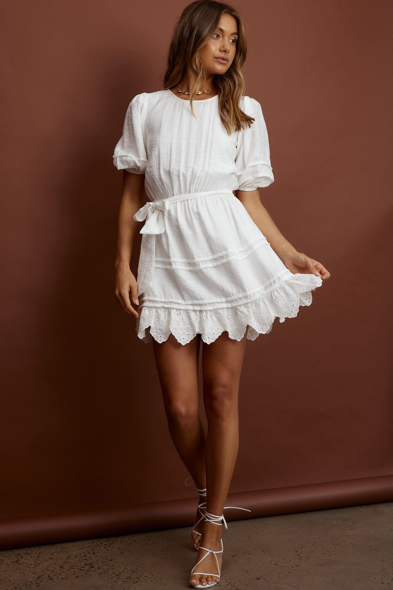 Laiken Waist Tie Pintuck Dress White-Maymioy