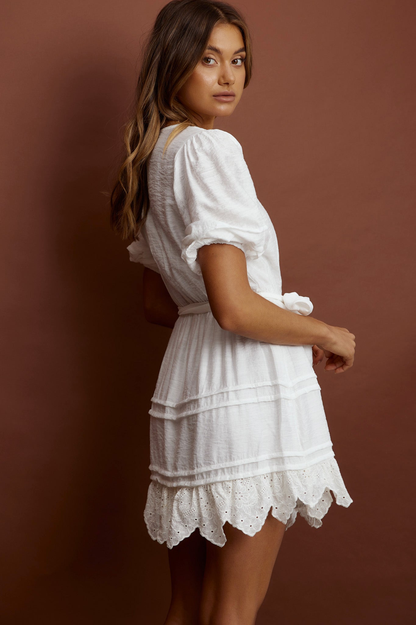 Laiken Waist Tie Pintuck Dress White-Maymioy