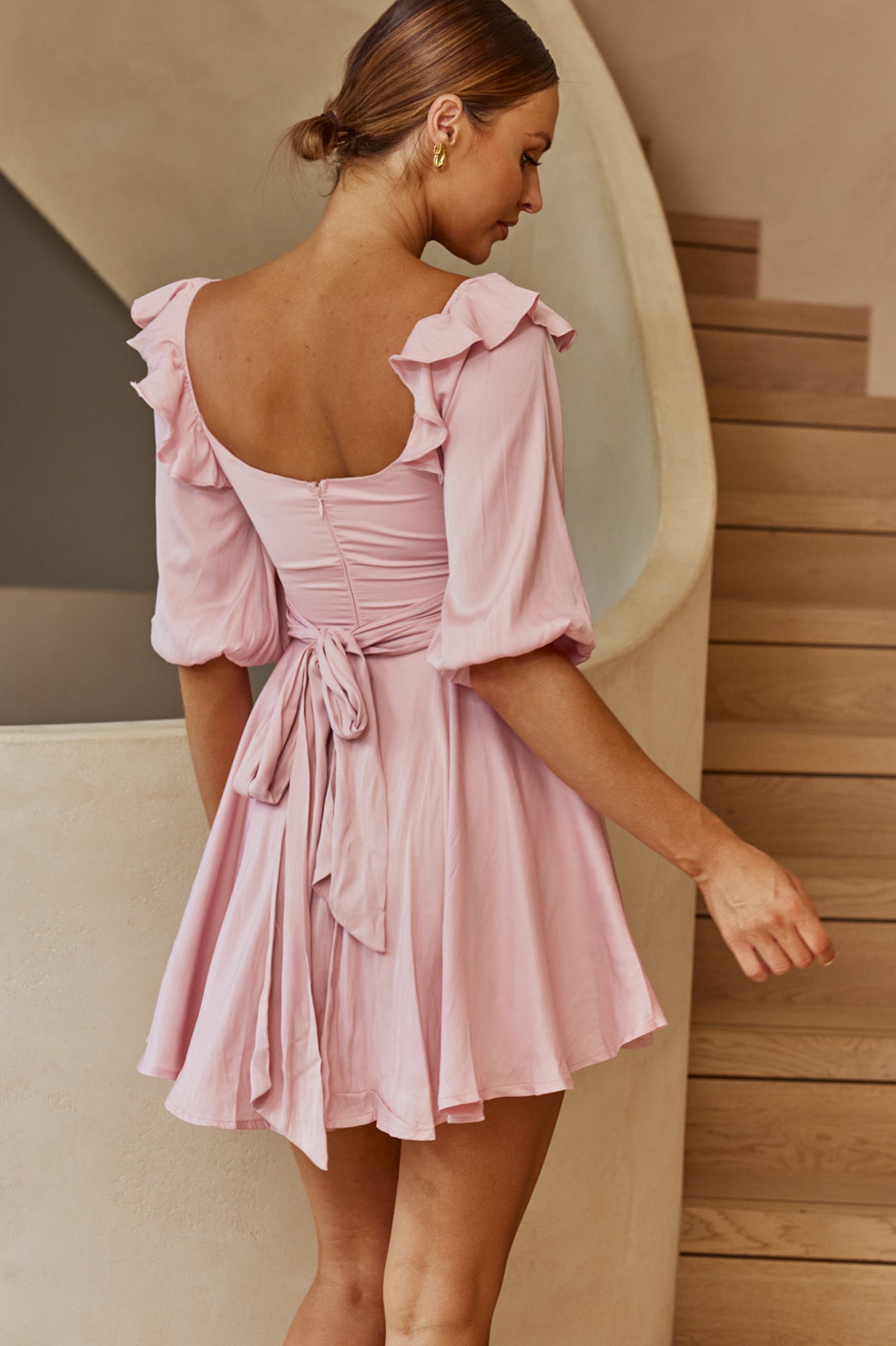 Only Yours Frill Trim Waist Tie Satin Mini Dress Blush-Maymioy