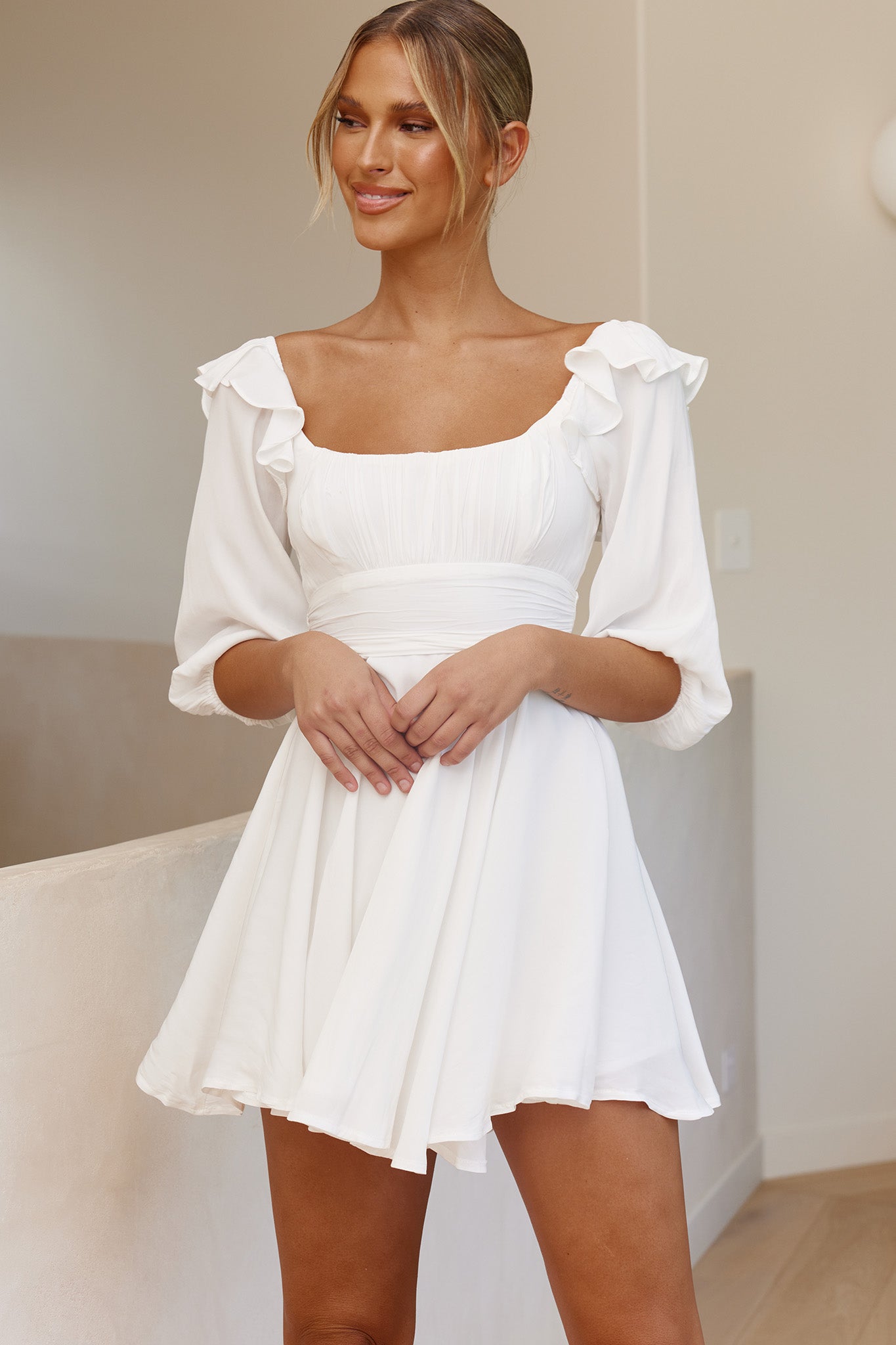 Only Yours Frill Trim Waist Tie Satin Mini Dress White-Maymioy