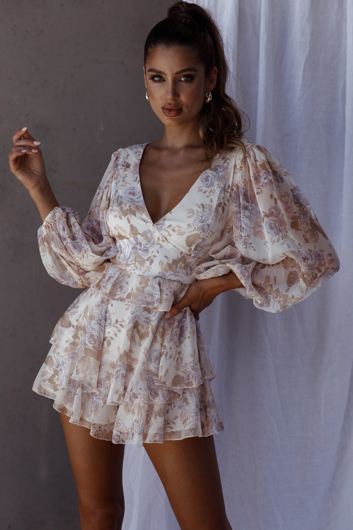 La Nena Frill Trim Flounce Romper Floral Cream-Maymioy
