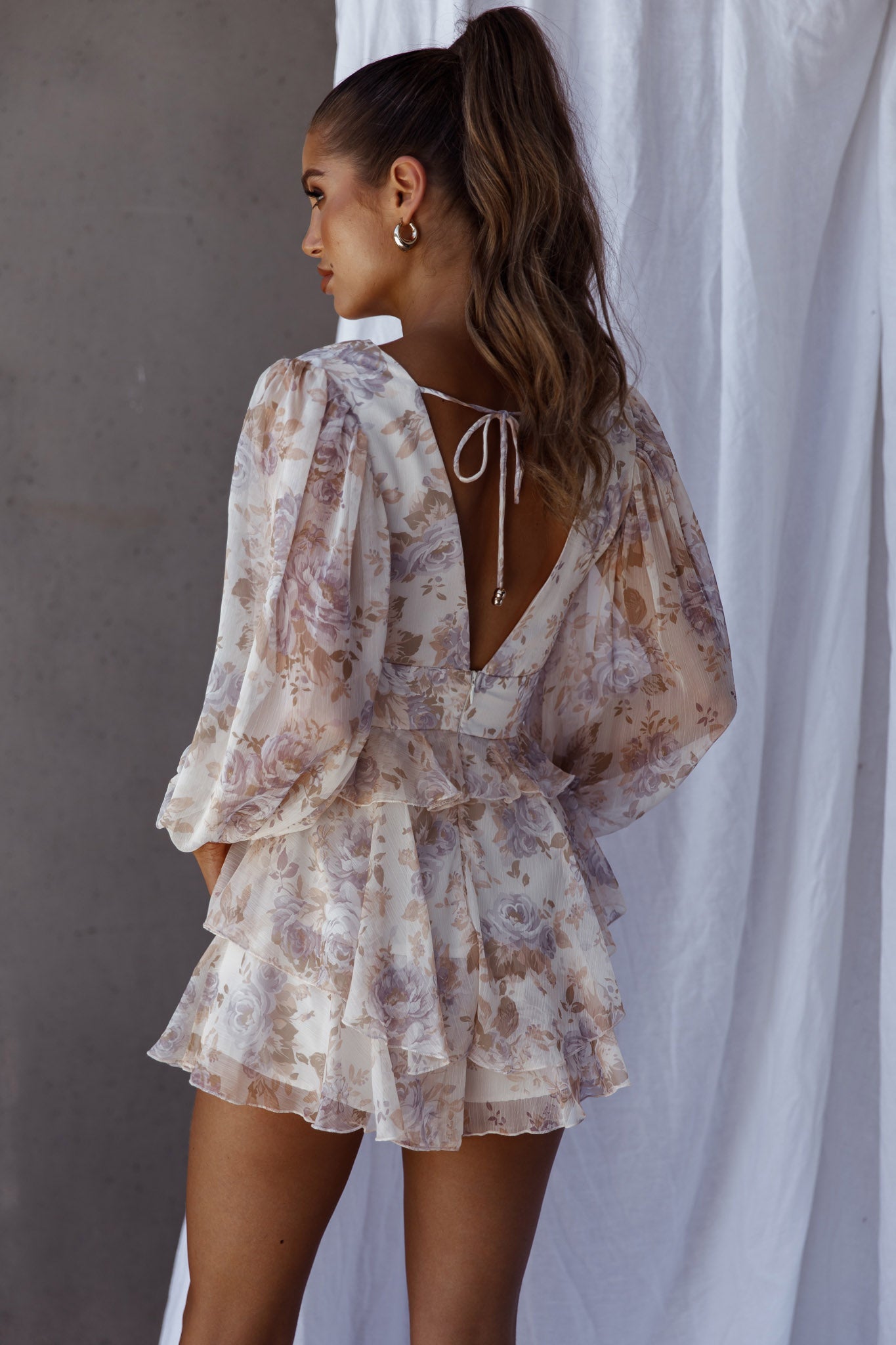 La Nena Frill Trim Flounce Romper Floral Cream-Maymioy