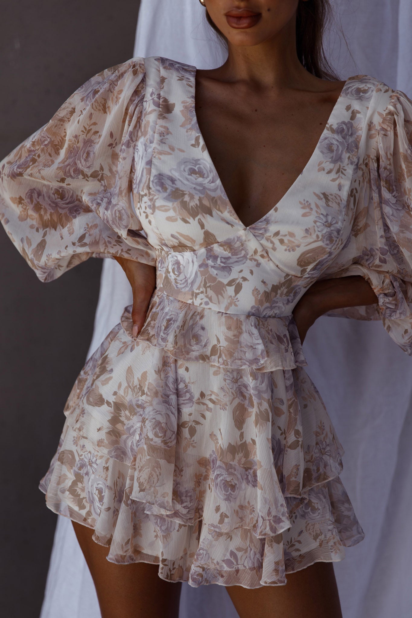 La Nena Frill Trim Flounce Romper Floral Cream-Maymioy