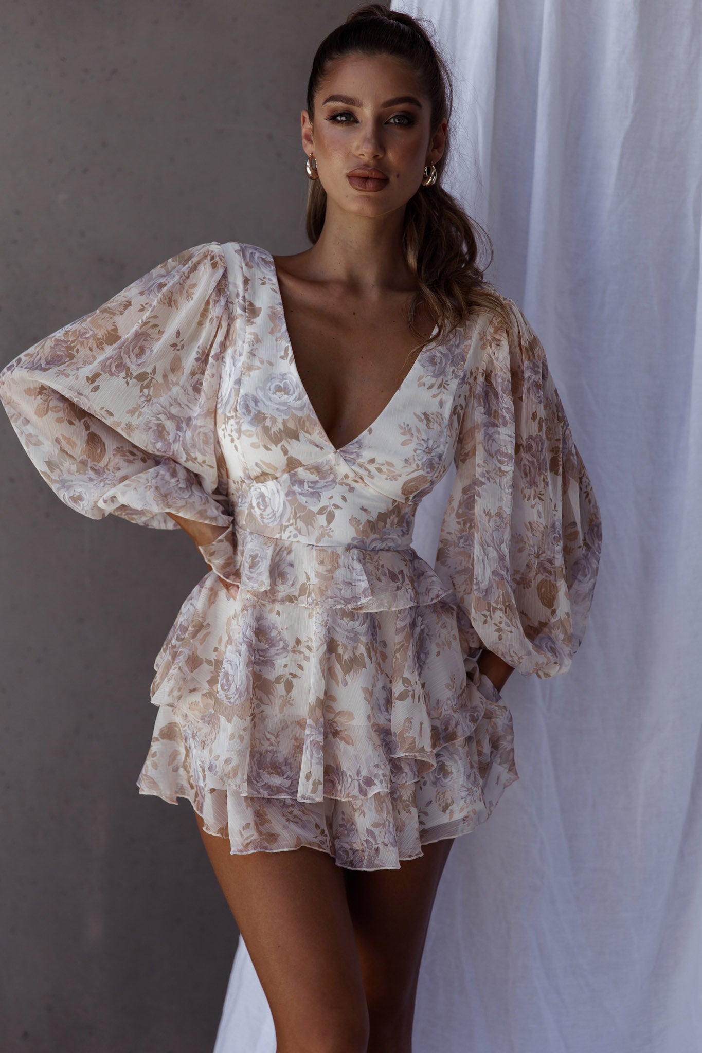 La Nena Frill Trim Flounce Romper Floral Cream-Maymioy
