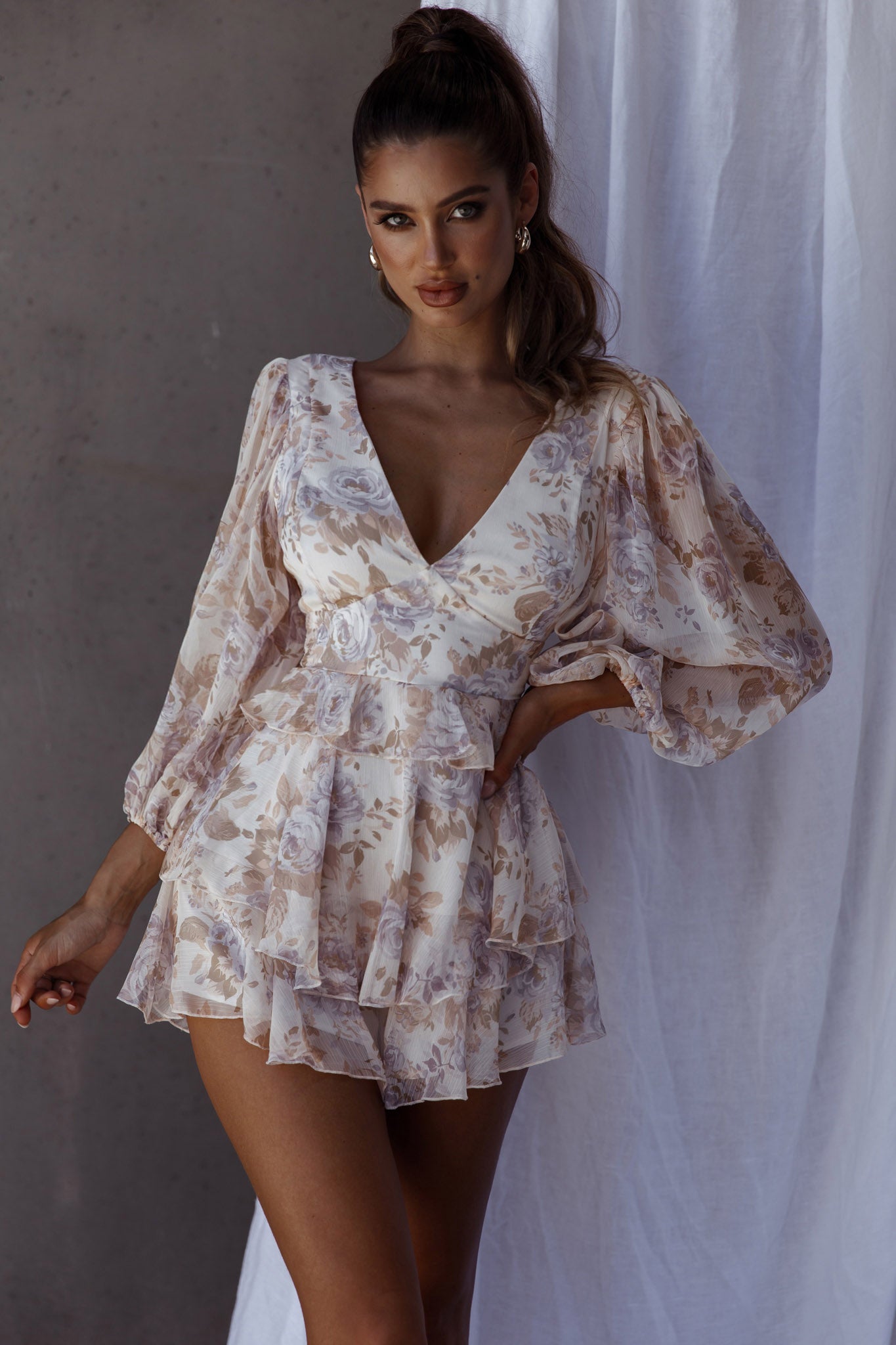 La Nena Frill Trim Flounce Romper Floral Cream-Maymioy