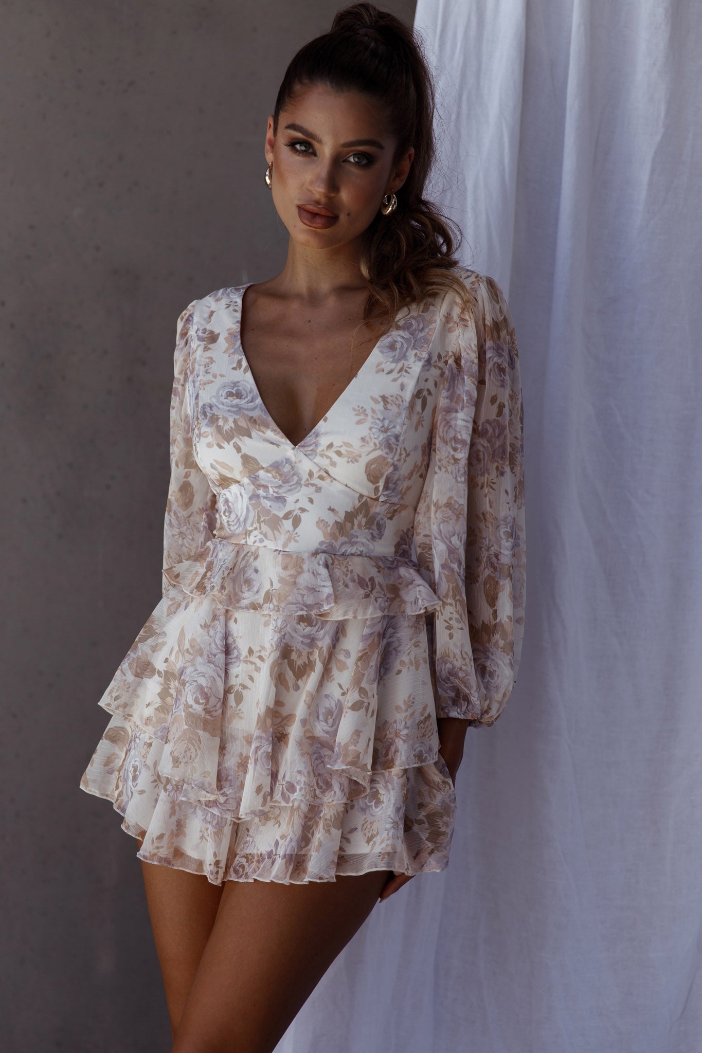 La Nena Frill Trim Flounce Romper Floral Cream-Maymioy