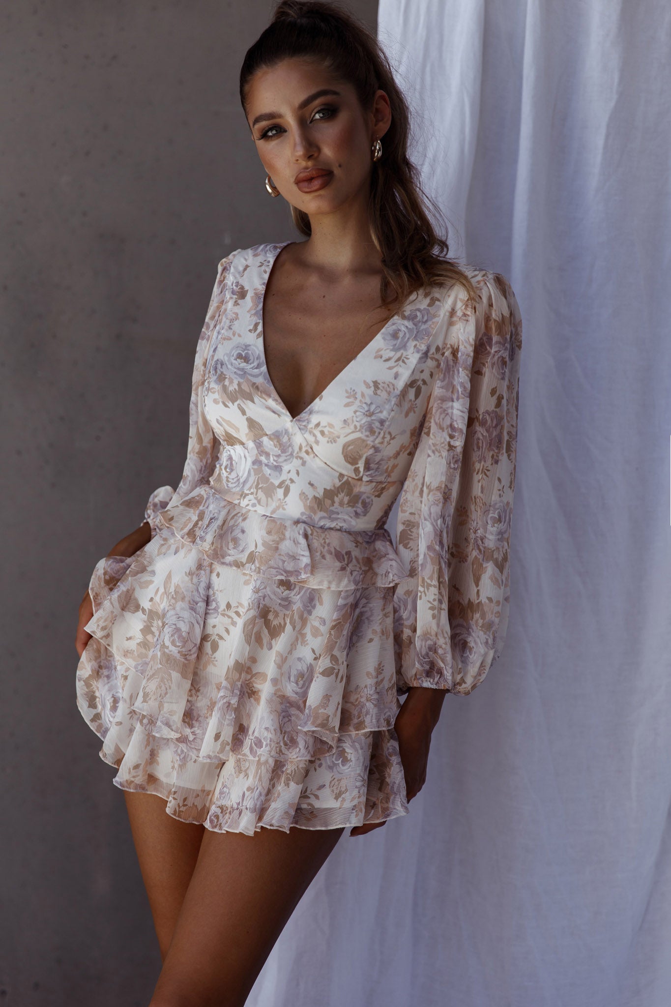 La Nena Frill Trim Flounce Romper Floral Cream-Maymioy