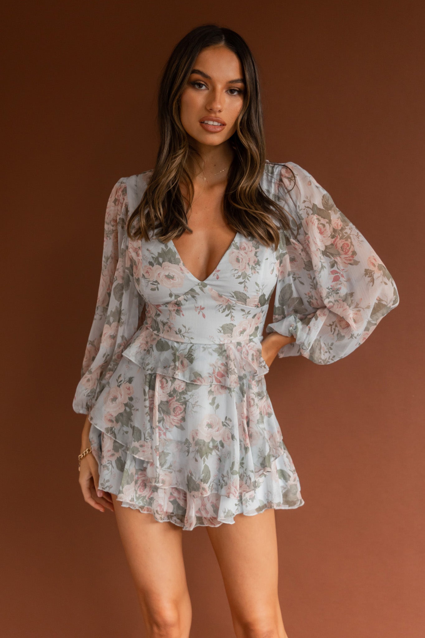 La Nena Frill Trim Flounce Romper Floral Green-Maymioy