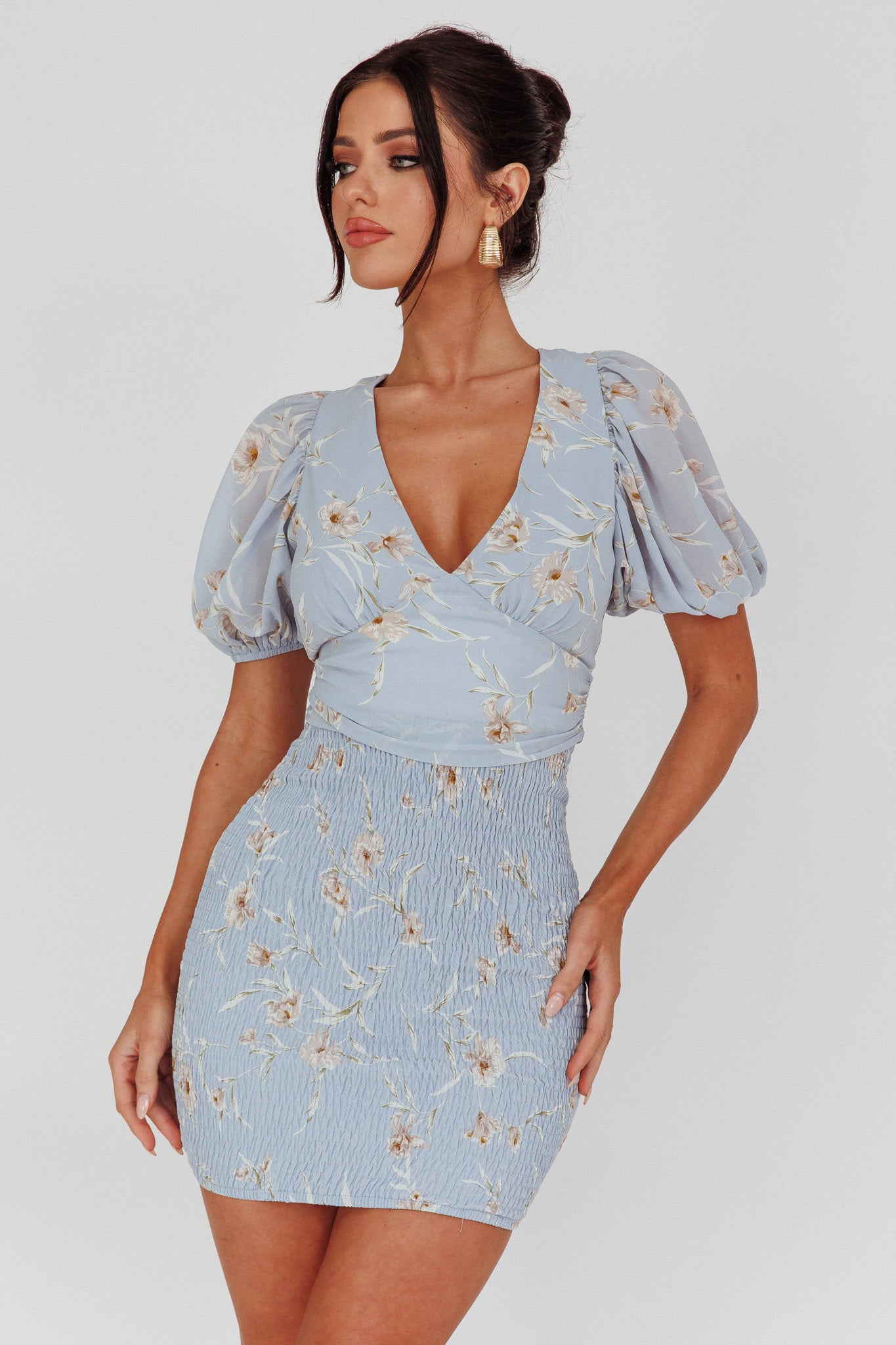 La Nena Shirred Mini Dress Floral Blue-Maymioy
