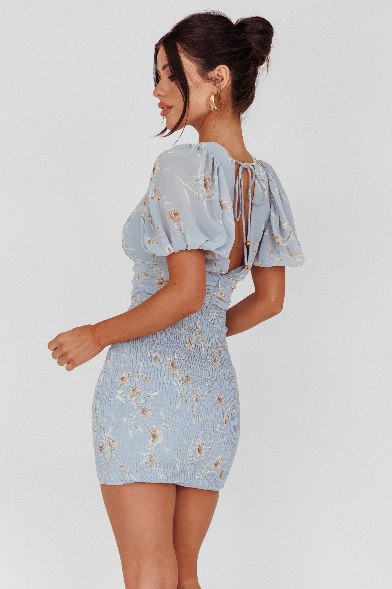 La Nena Shirred Mini Dress Floral Blue-Maymioy