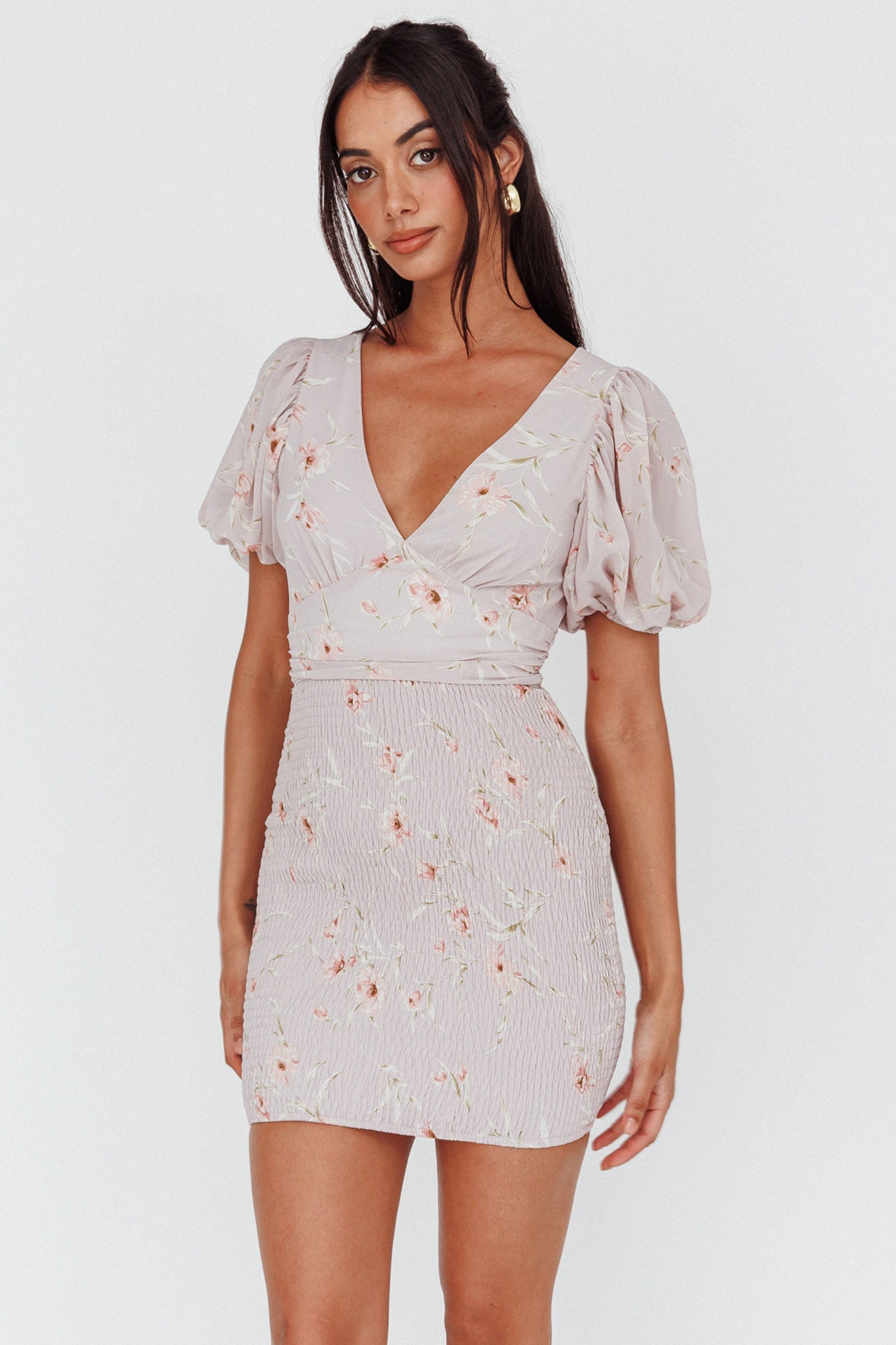 La Nena Shirred Mini Dress Floral Blush-Maymioy