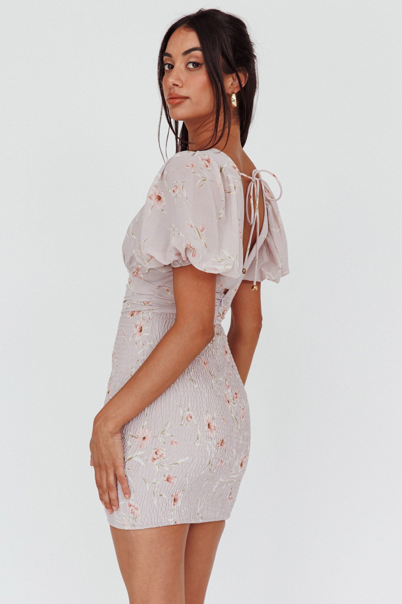 La Nena Shirred Mini Dress Floral Blush-Maymioy