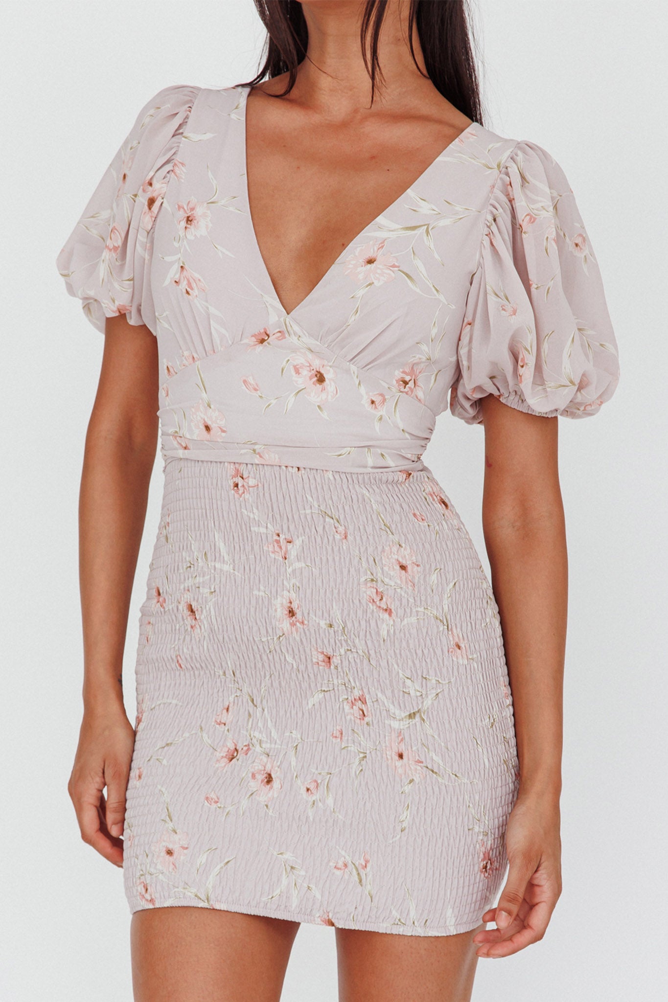 La Nena Shirred Mini Dress Floral Blush-Maymioy