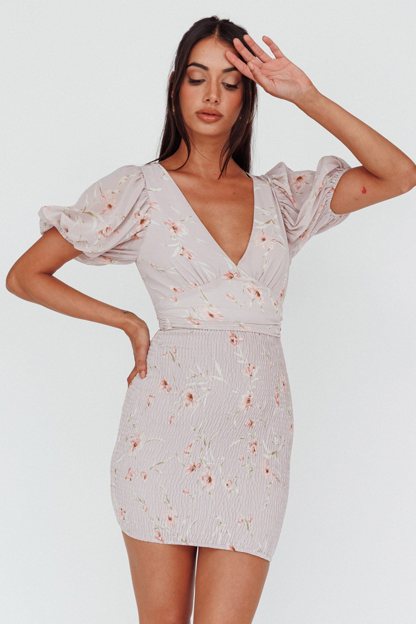 La Nena Shirred Mini Dress Floral Blush-Maymioy