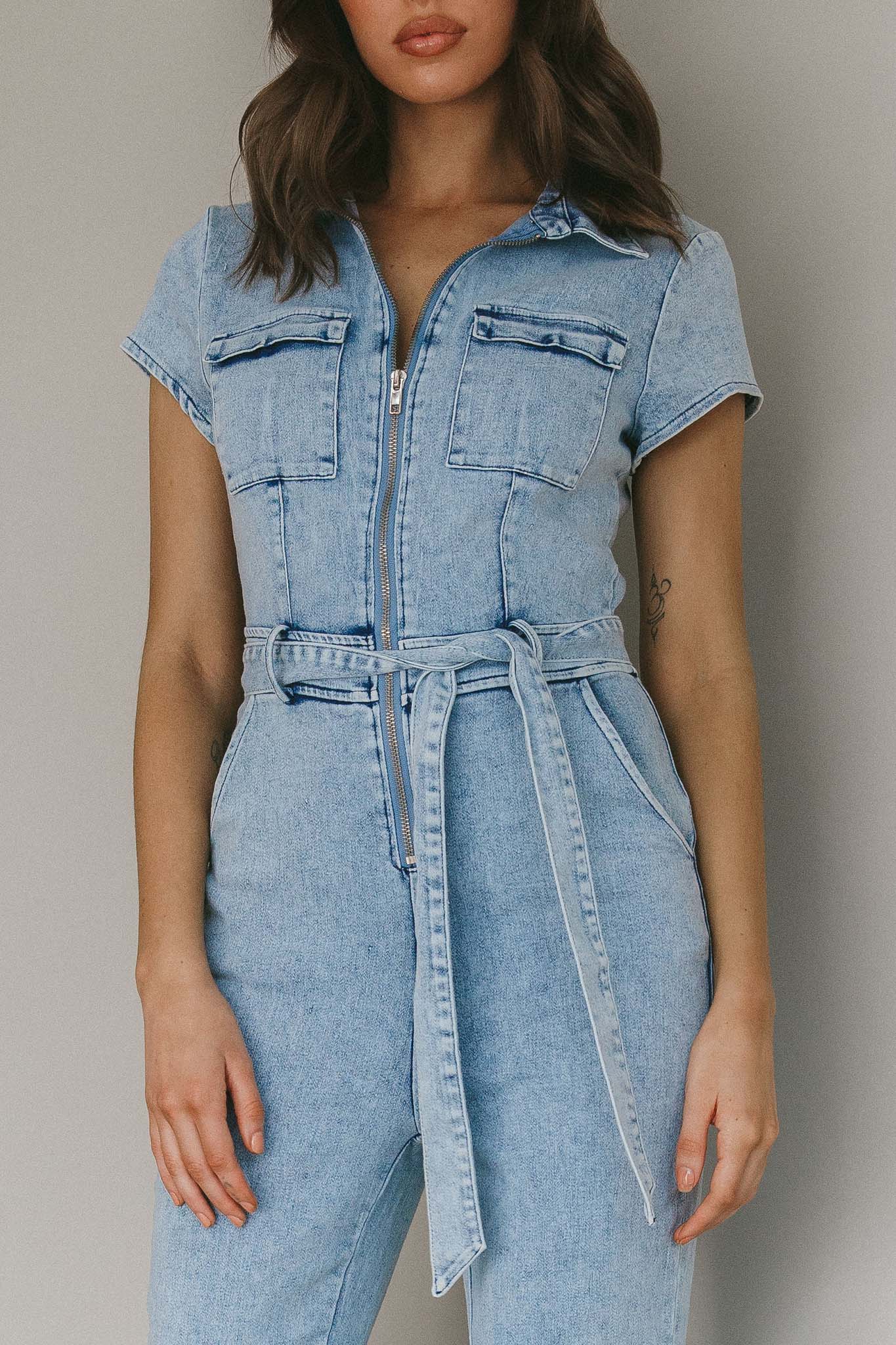 California Girl Short Sleeve Waist Tie Jumpsuit Denim Blue-Maymioy