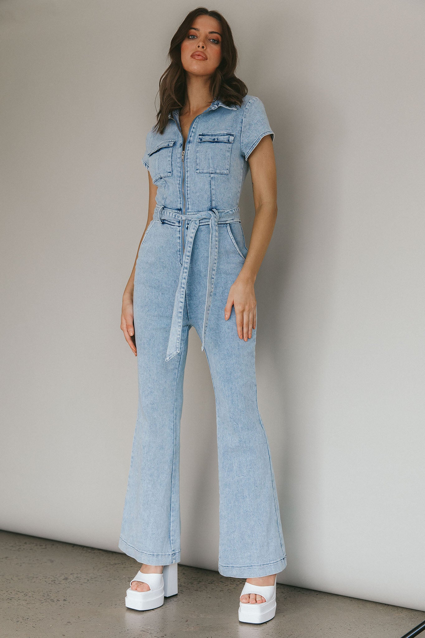 California Girl Short Sleeve Waist Tie Jumpsuit Denim Blue-Maymioy