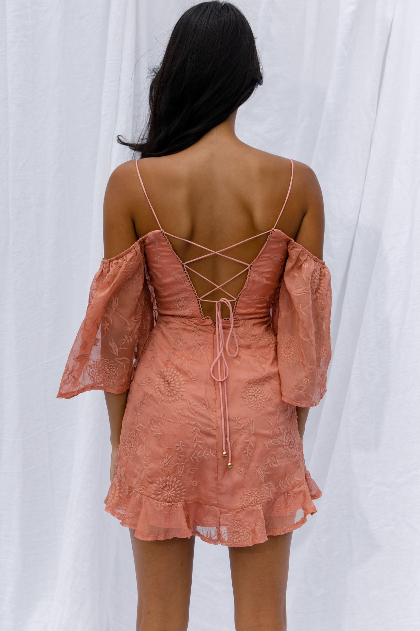 Koda Bell Sleeve Lace-Up Back Mini Dress Peach-Maymioy