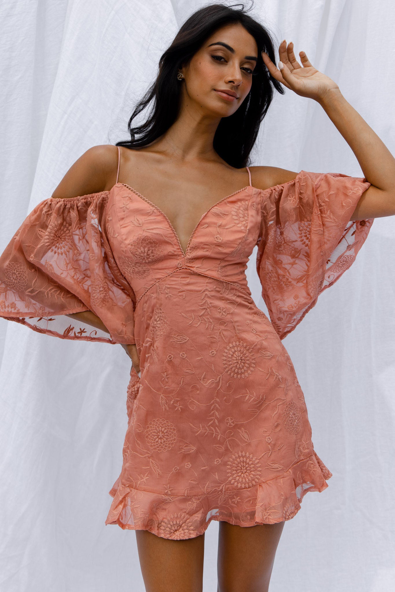 Koda Bell Sleeve Lace-Up Back Mini Dress Peach-Maymioy