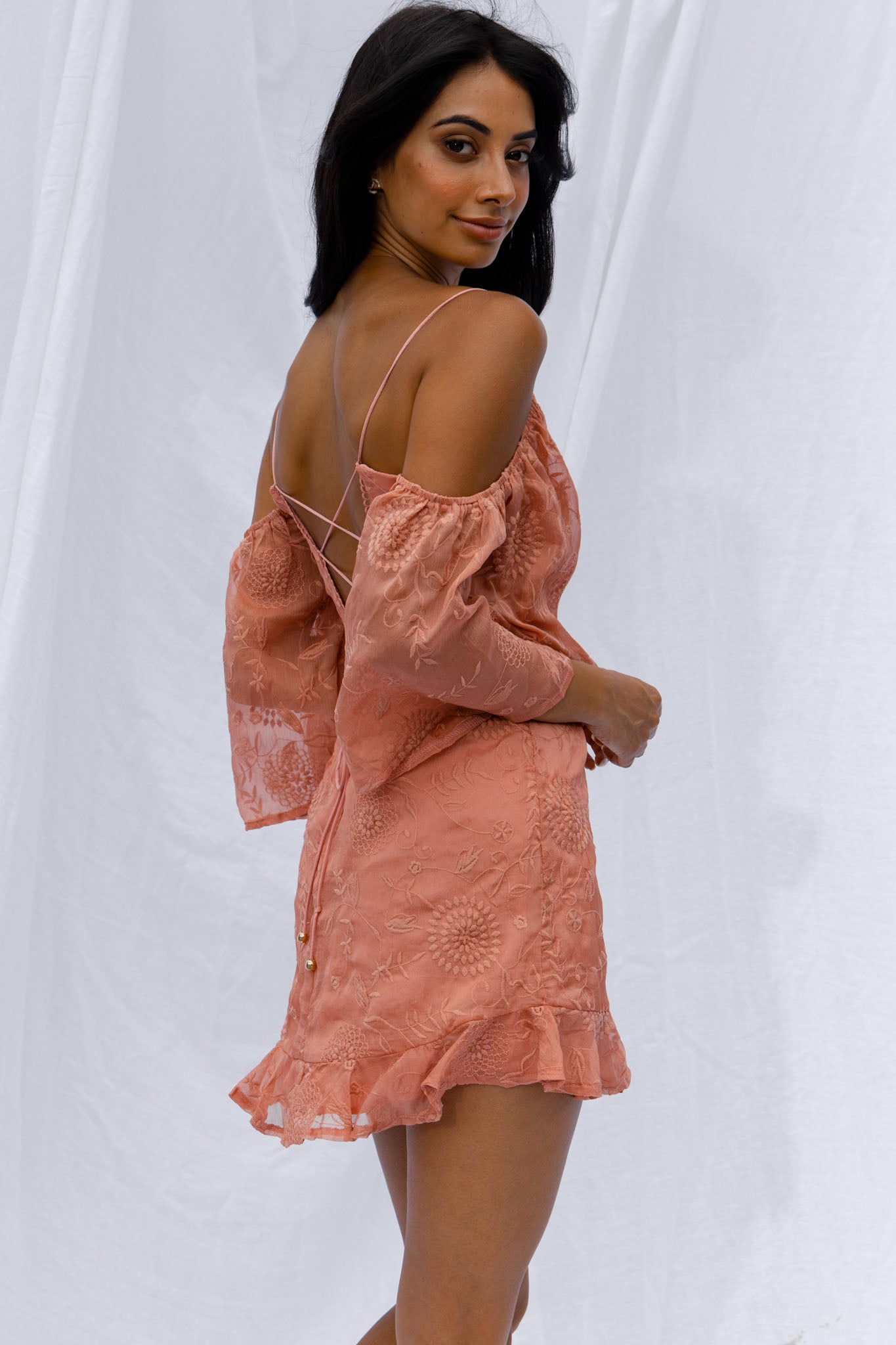 Koda Bell Sleeve Lace-Up Back Mini Dress Peach-Maymioy