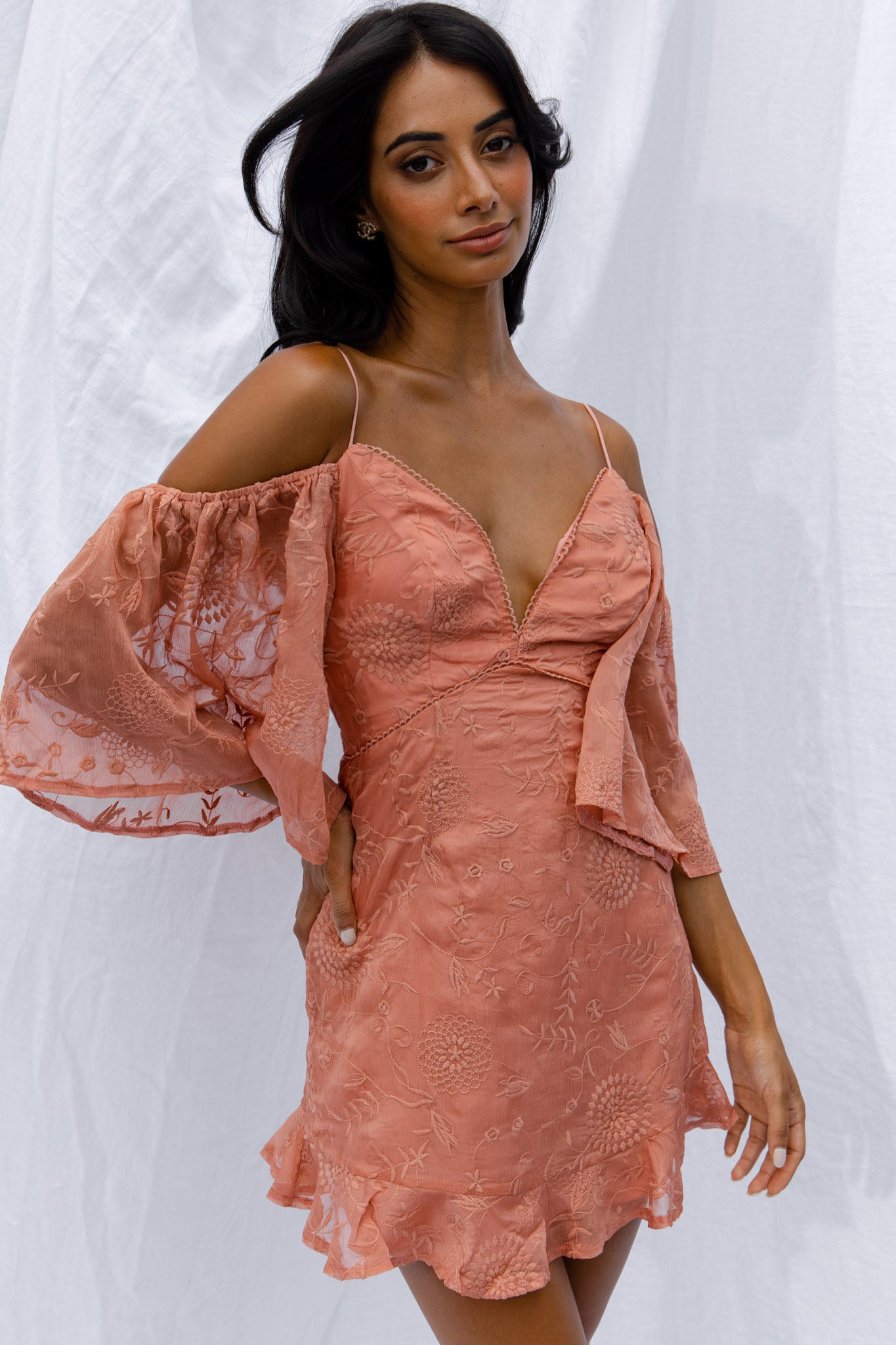Koda Bell Sleeve Lace-Up Back Mini Dress Peach-Maymioy