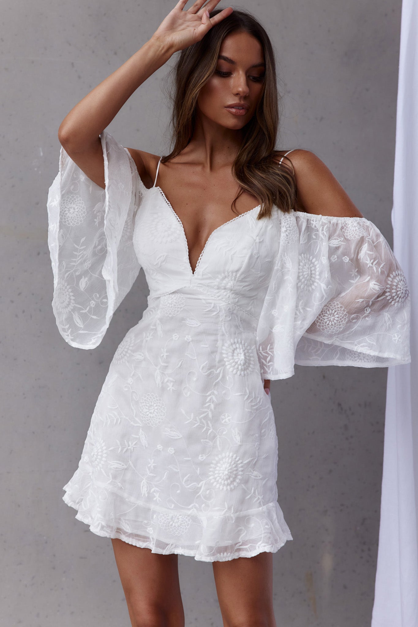 Koda Bell Sleeve Lace-Up Back Mini Dress White-Maymioy