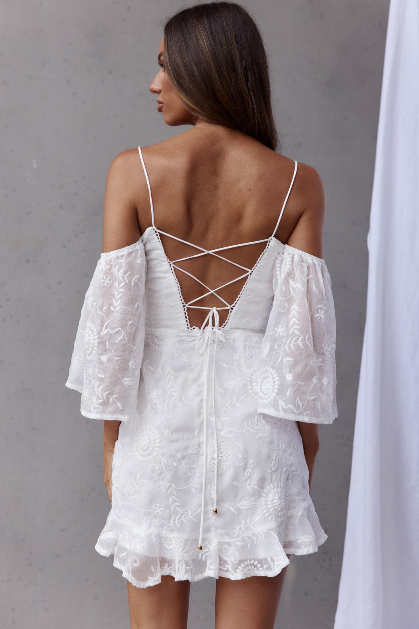 Koda Bell Sleeve Lace-Up Back Mini Dress White-Maymioy
