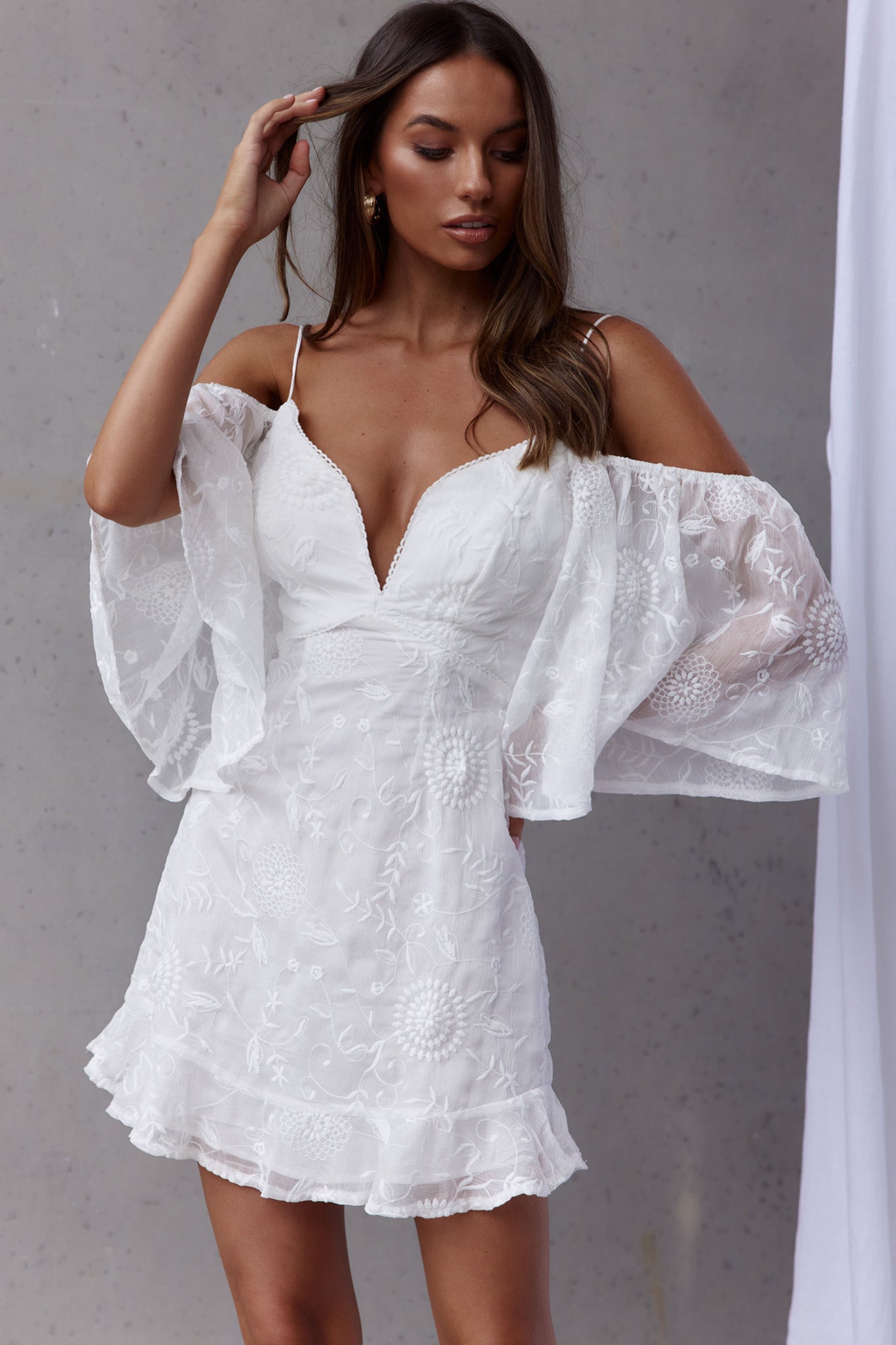 Koda Bell Sleeve Lace-Up Back Mini Dress White-Maymioy