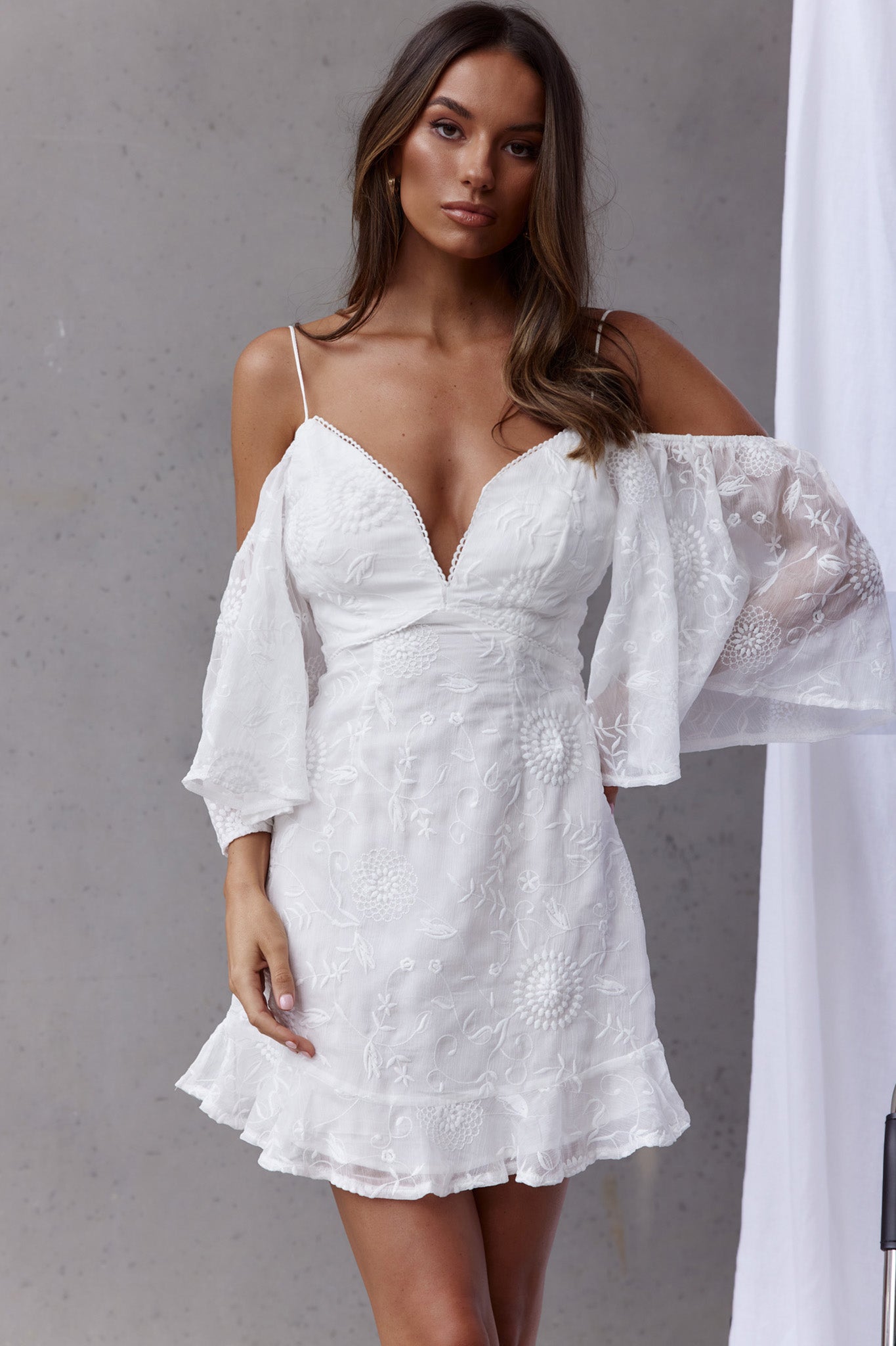 Koda Bell Sleeve Lace-Up Back Mini Dress White-Maymioy