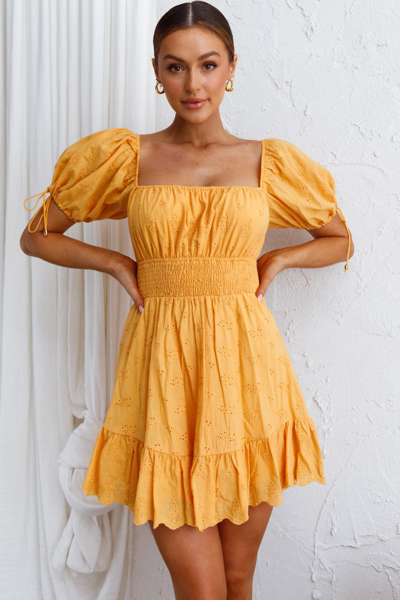 Sweet Devotion Puff Sleeve Shirred Waist Eyelet Mini Dress Orange-Maymioy
