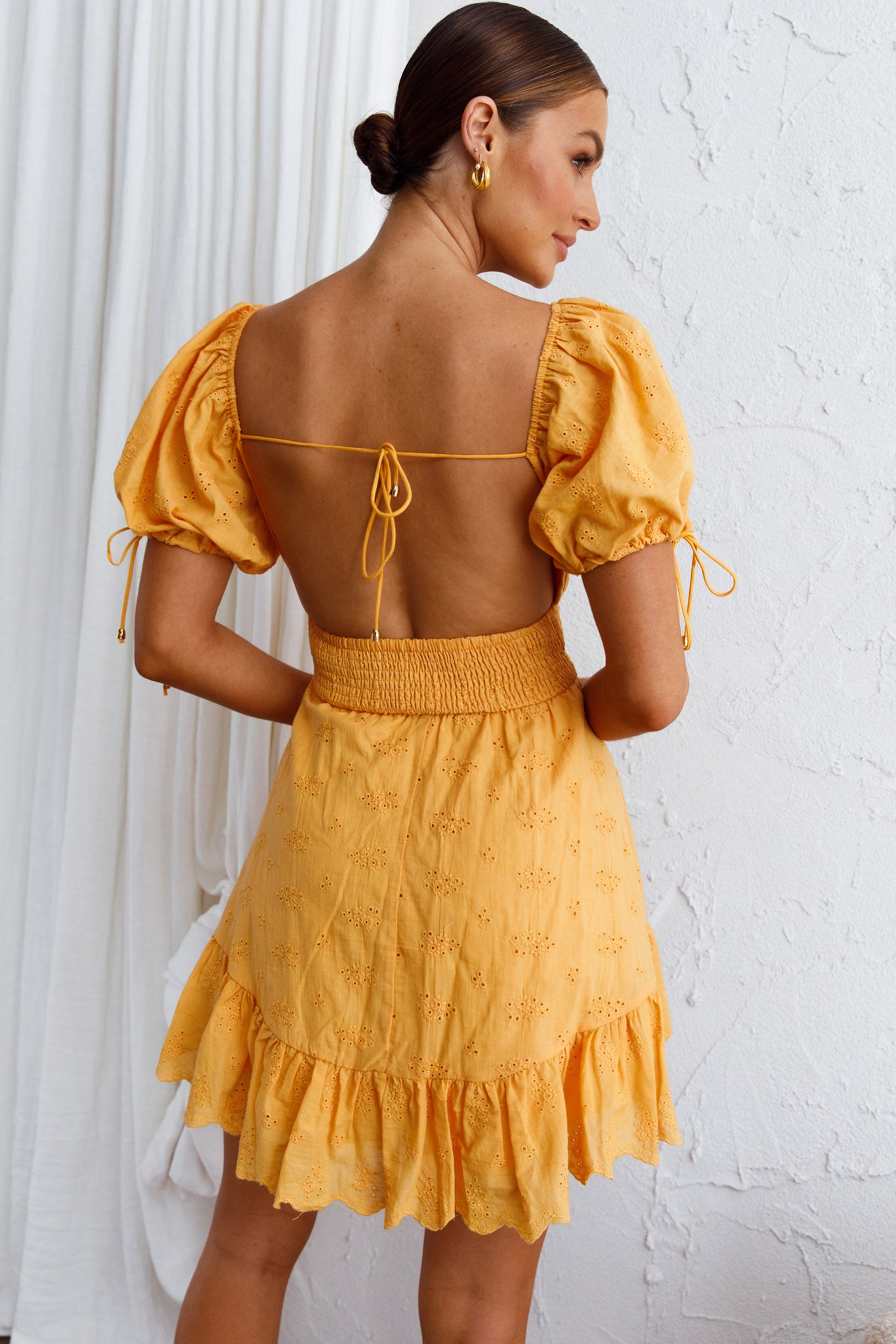 Sweet Devotion Puff Sleeve Shirred Waist Eyelet Mini Dress Orange-Maymioy