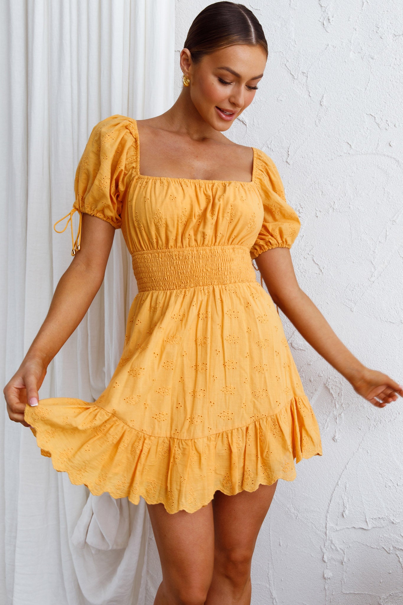 Sweet Devotion Puff Sleeve Shirred Waist Eyelet Mini Dress Orange-Maymioy