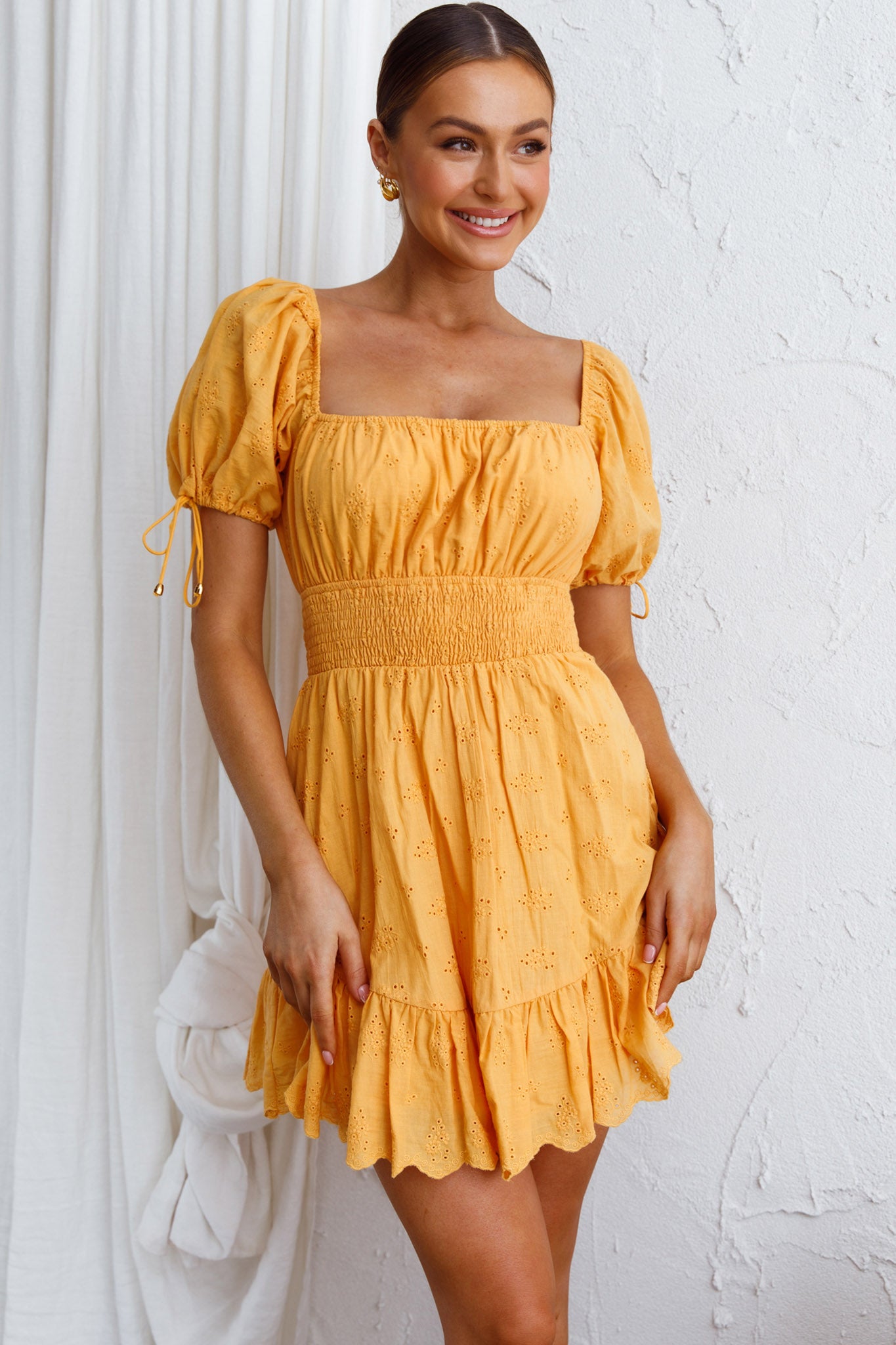 Sweet Devotion Puff Sleeve Shirred Waist Eyelet Mini Dress Orange-Maymioy