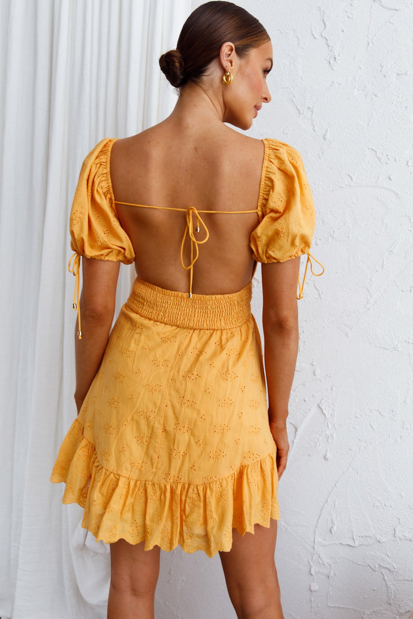 Sweet Devotion Puff Sleeve Shirred Waist Eyelet Mini Dress Orange-Maymioy